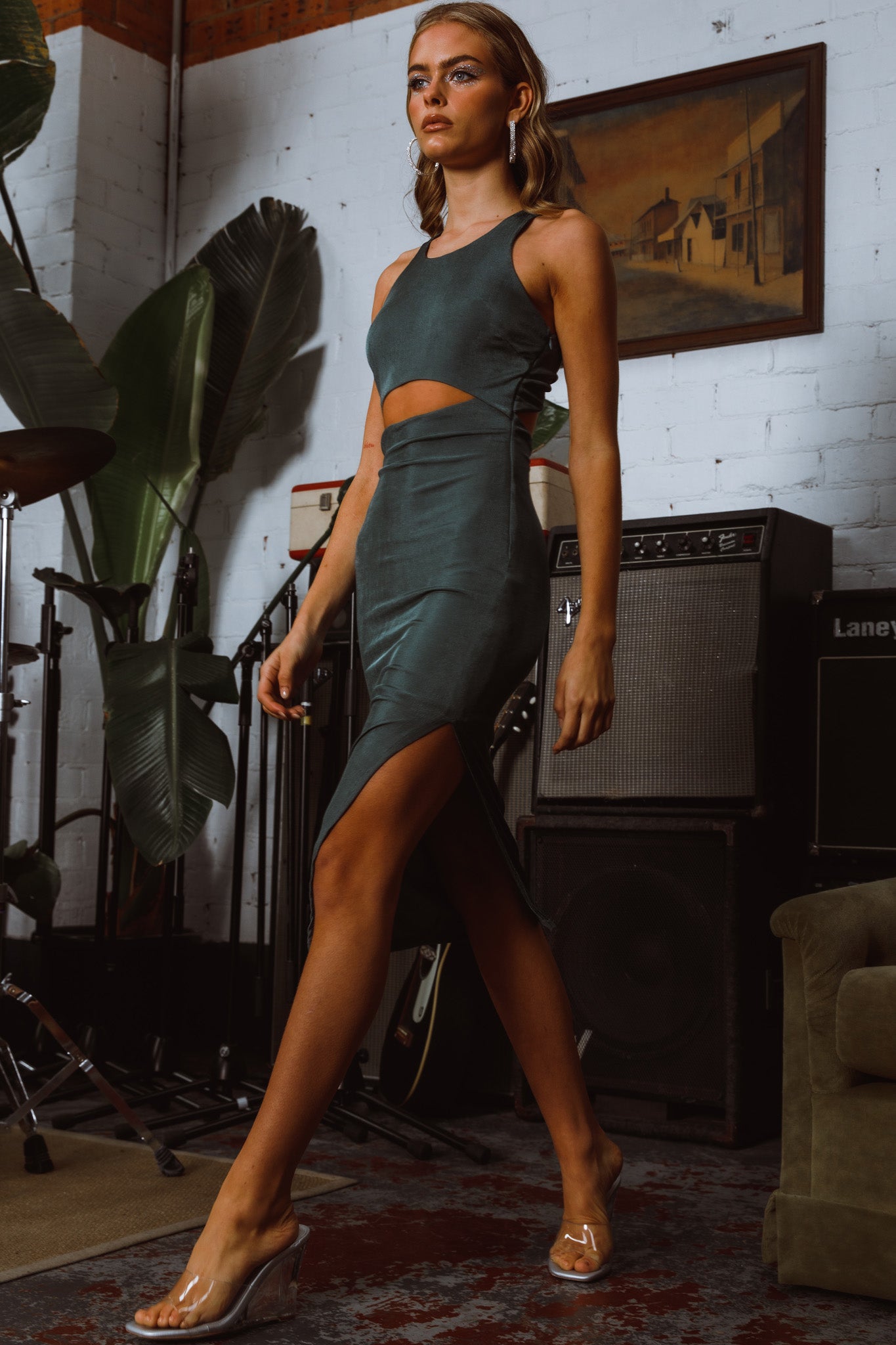 Dominique Cut-Out Twist Midi Dress Olive-Maymioy