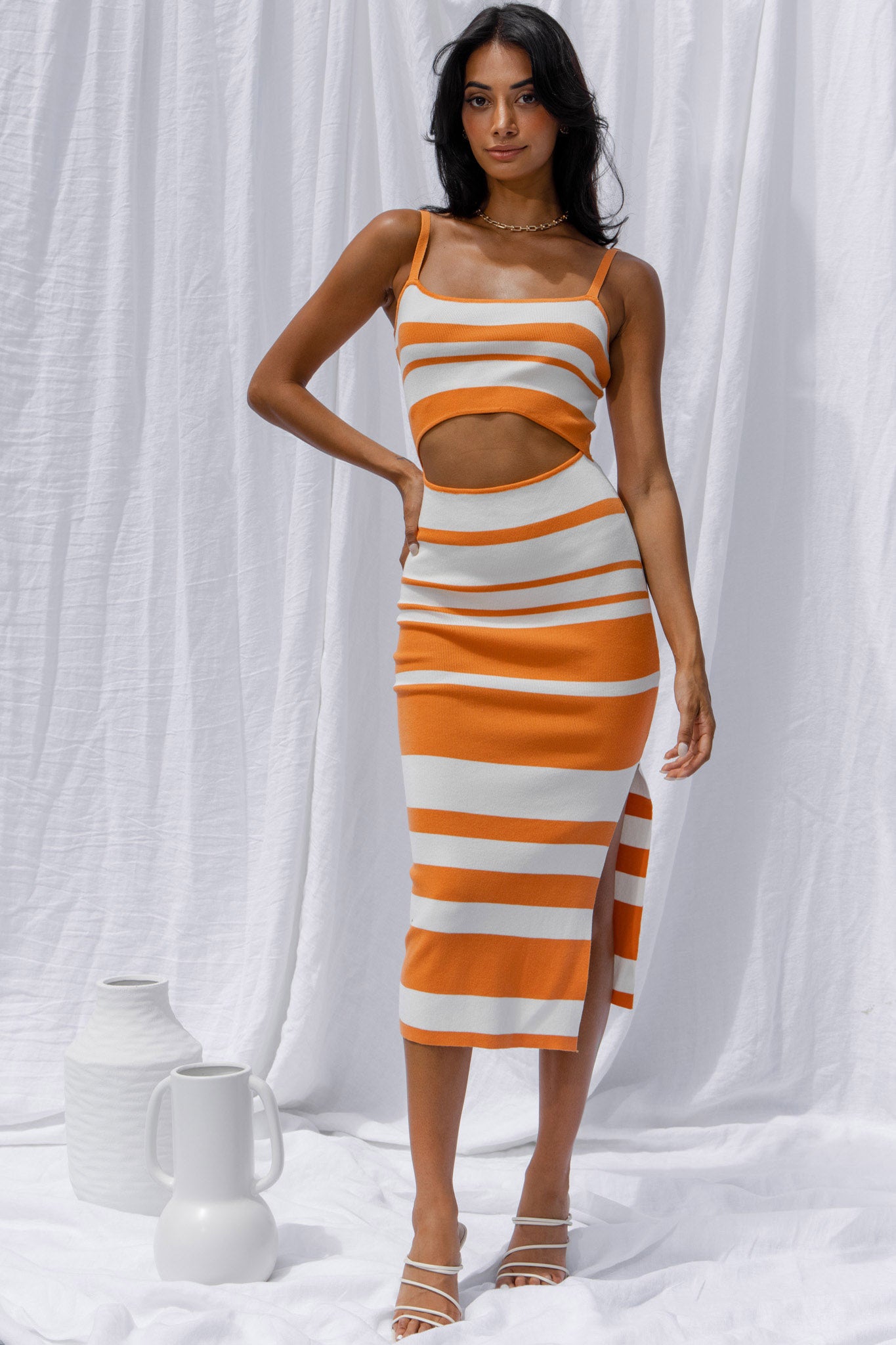 Dayana Cut-Out Waist Side Split Knit Midi Dress Striped Orange-Maymioy
