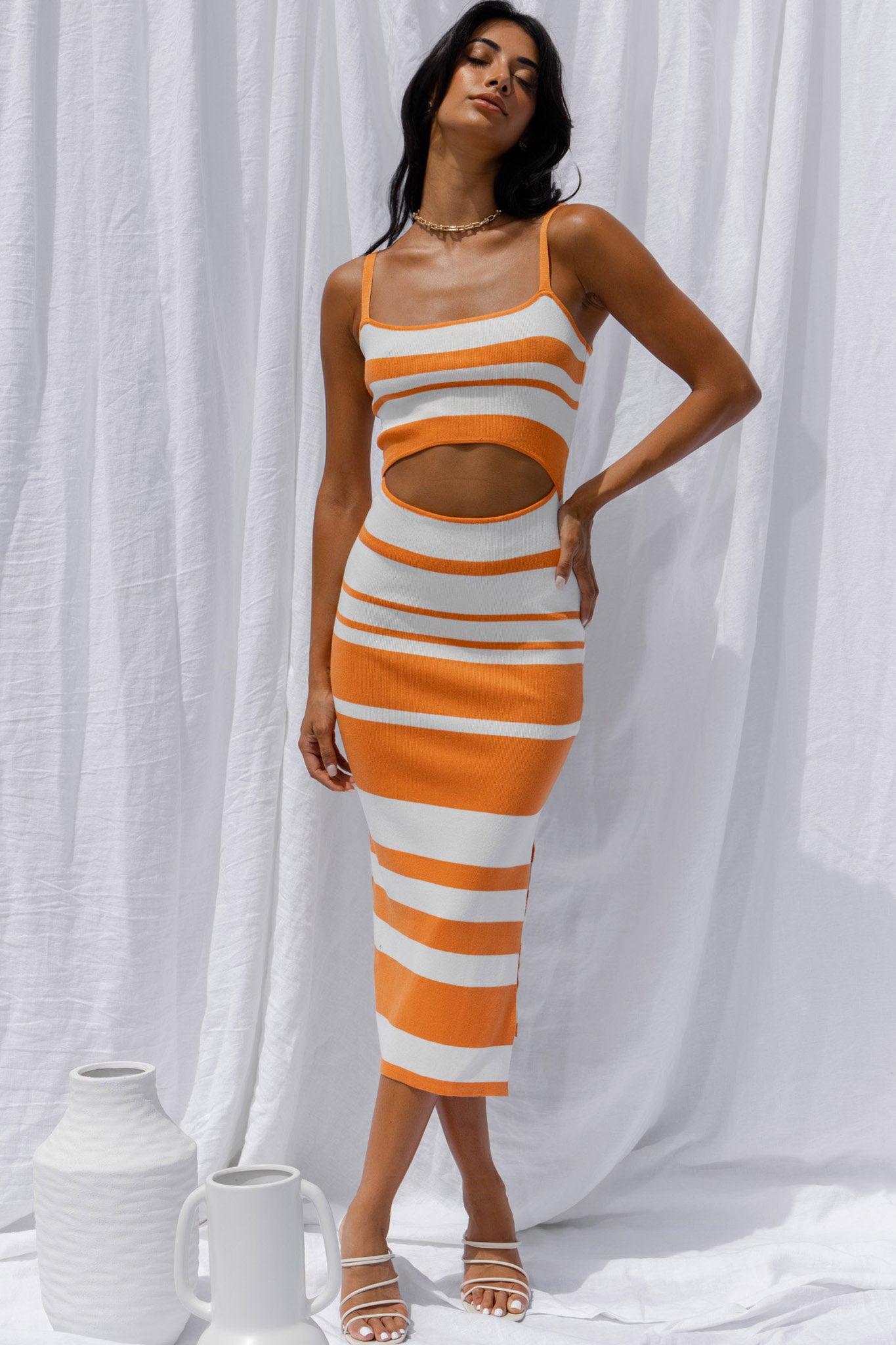 Dayana Cut-Out Waist Side Split Knit Midi Dress Striped Orange-Maymioy