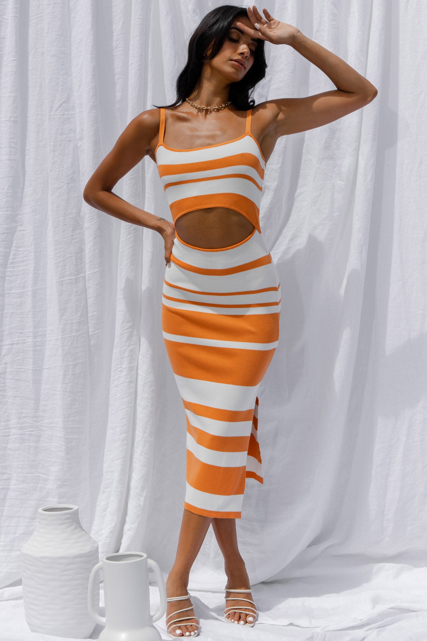 Dayana Cut-Out Waist Side Split Knit Midi Dress Striped Orange-Maymioy