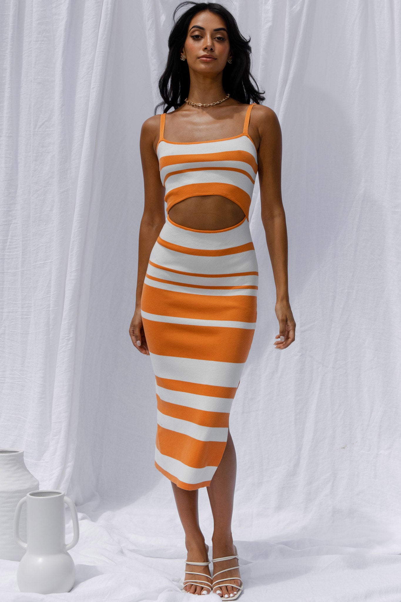 Dayana Cut-Out Waist Side Split Knit Midi Dress Striped Orange-Maymioy