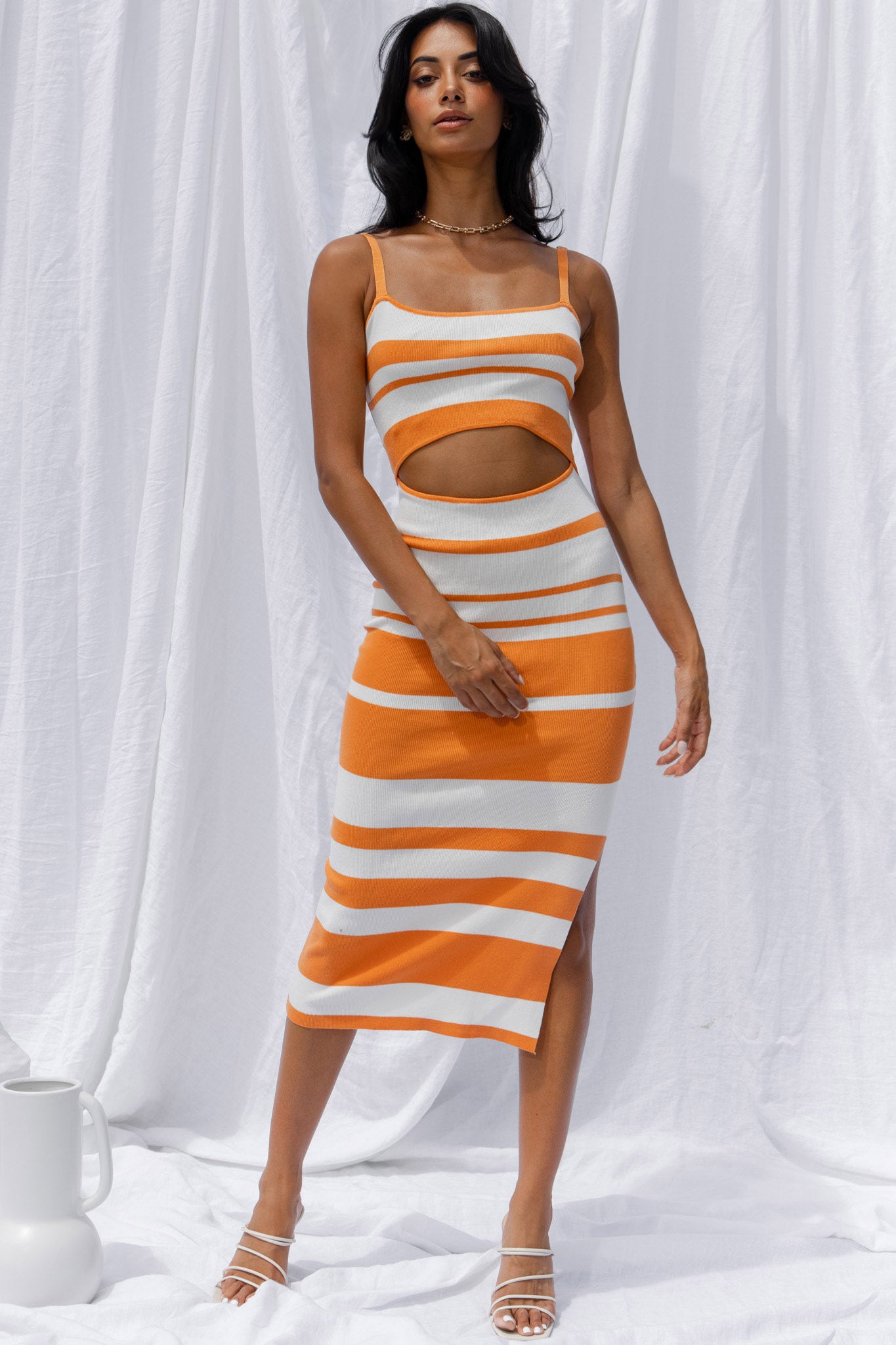 Dayana Cut-Out Waist Side Split Knit Midi Dress Striped Orange-Maymioy