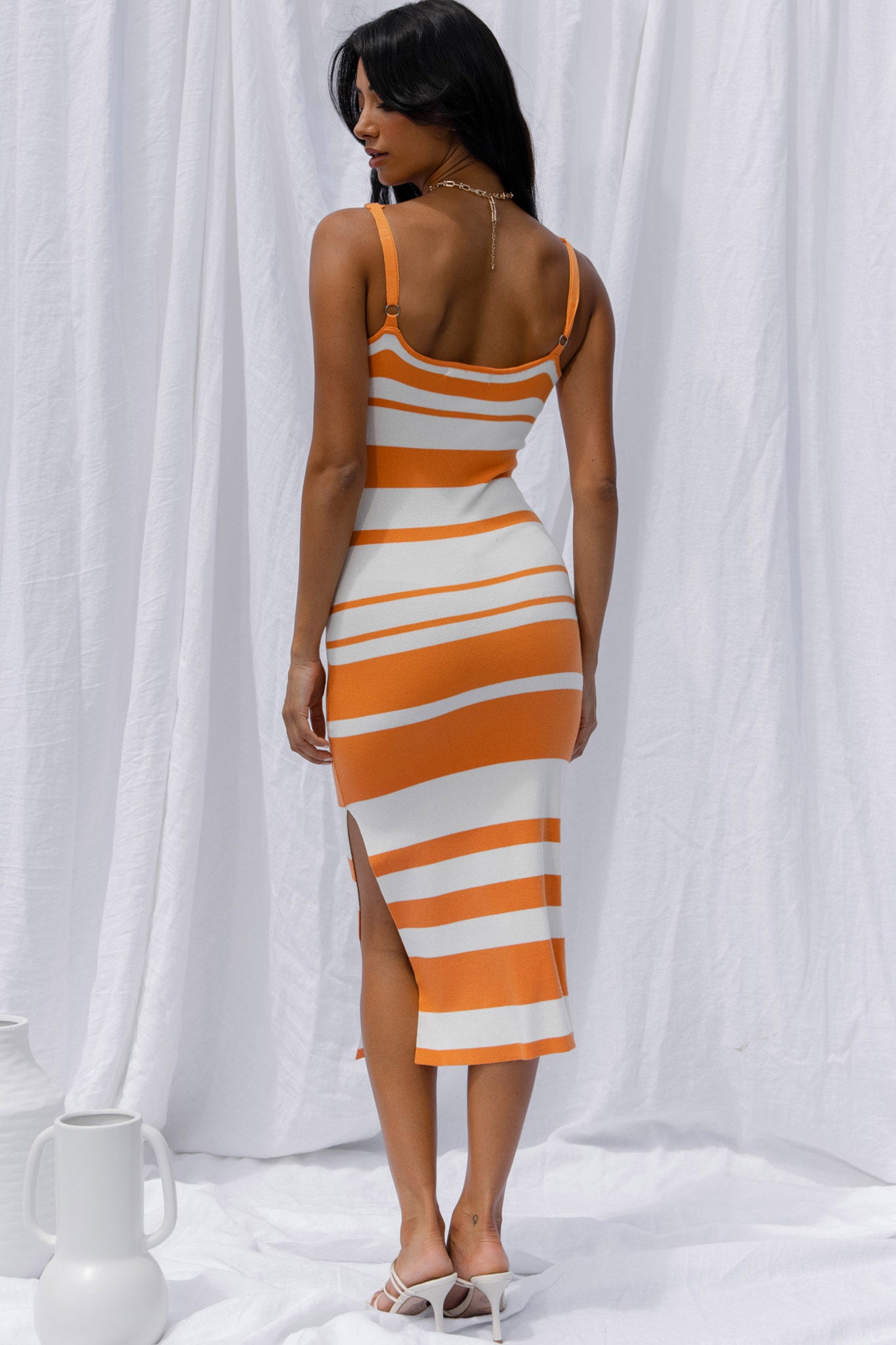 Dayana Cut-Out Waist Side Split Knit Midi Dress Striped Orange-Maymioy