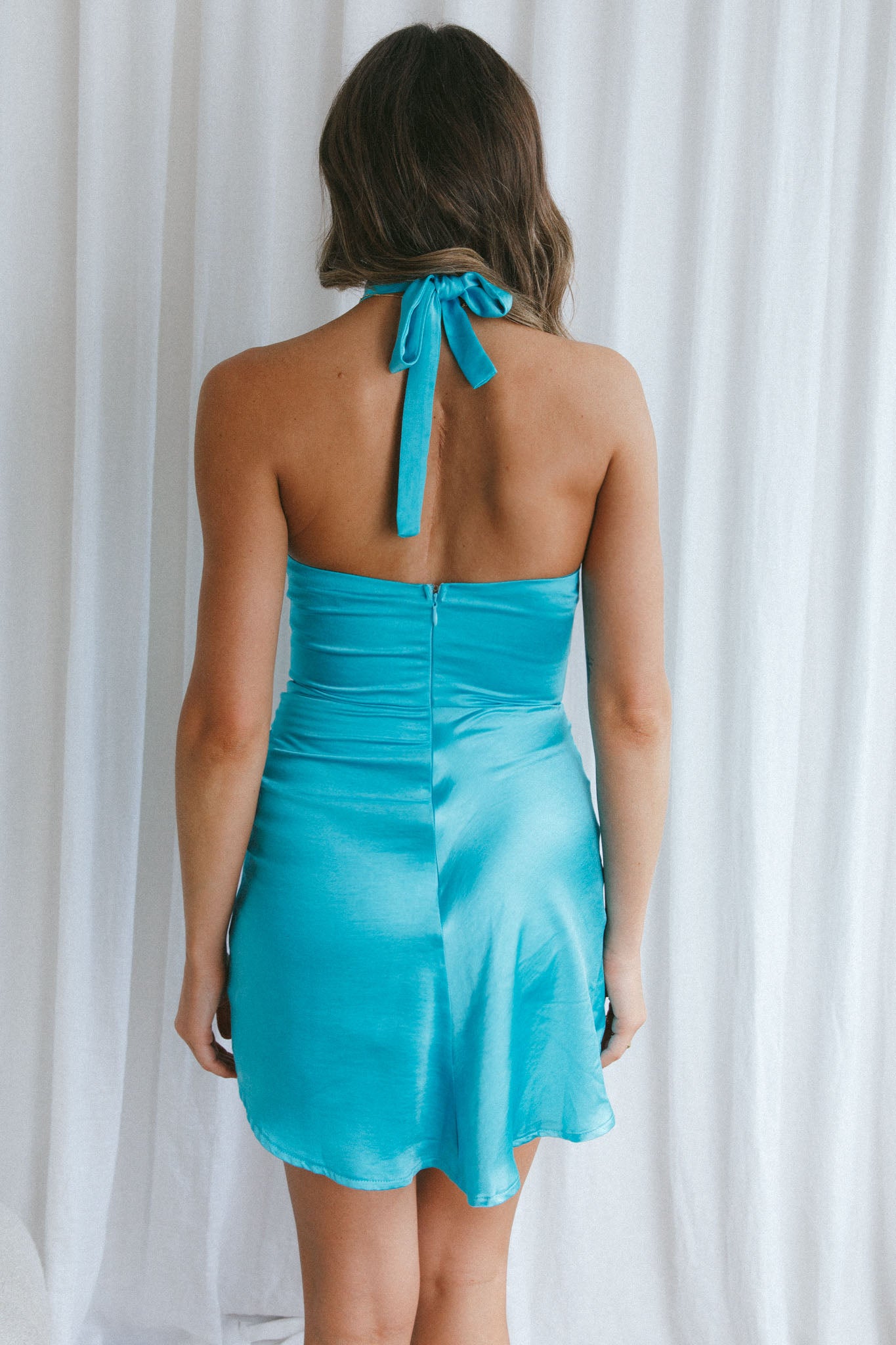 Hearts On Fire Halterneck Wrap Front Mini Dress Teal-Maymioy