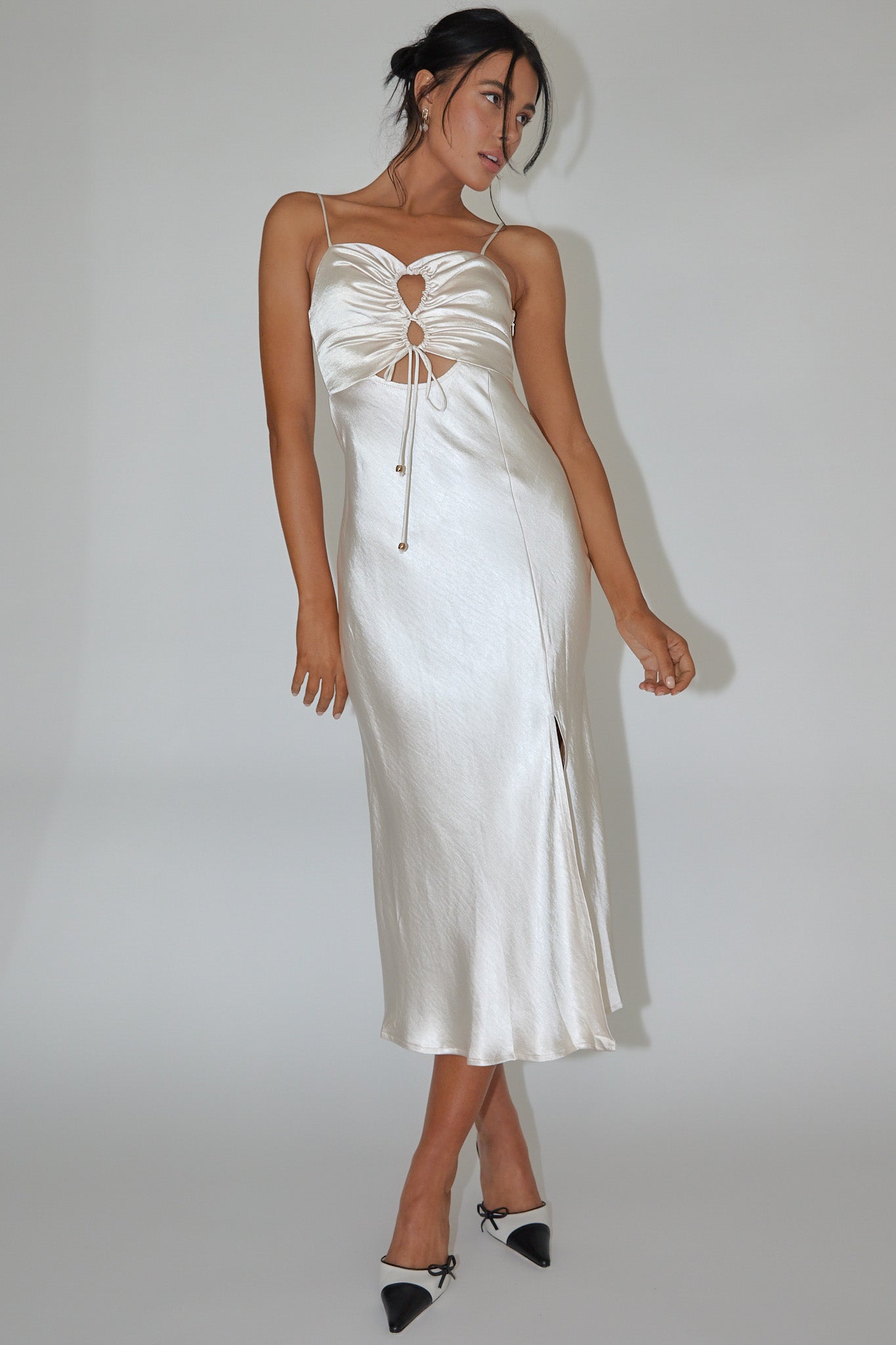 Date Night Drawstring Bust Midi Dress Champagne-Maymioy