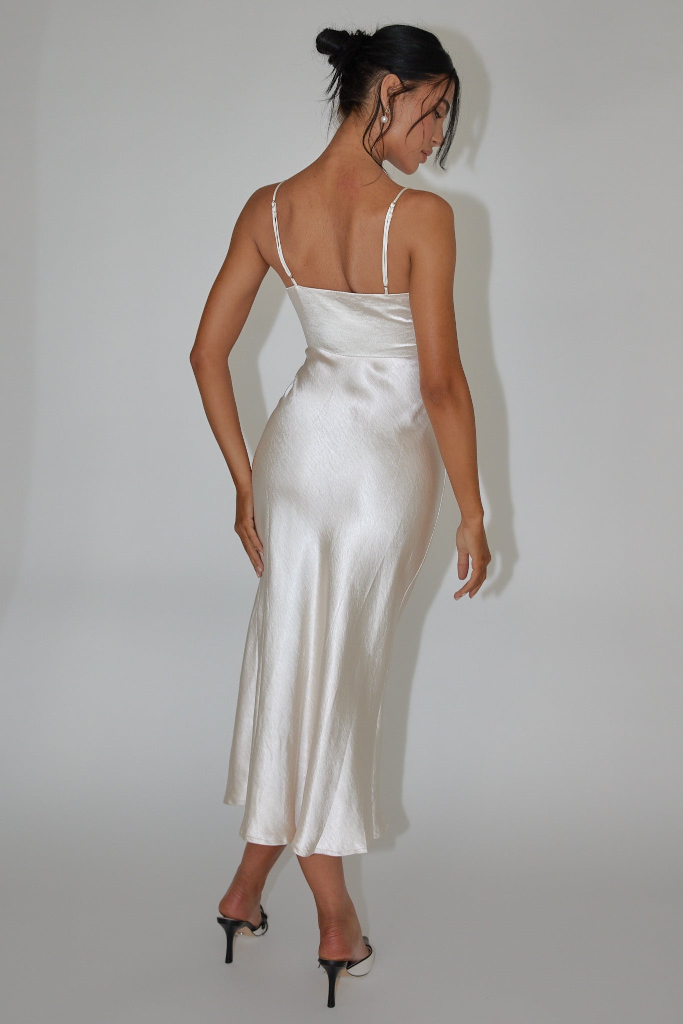 Date Night Drawstring Bust Midi Dress Champagne-Maymioy