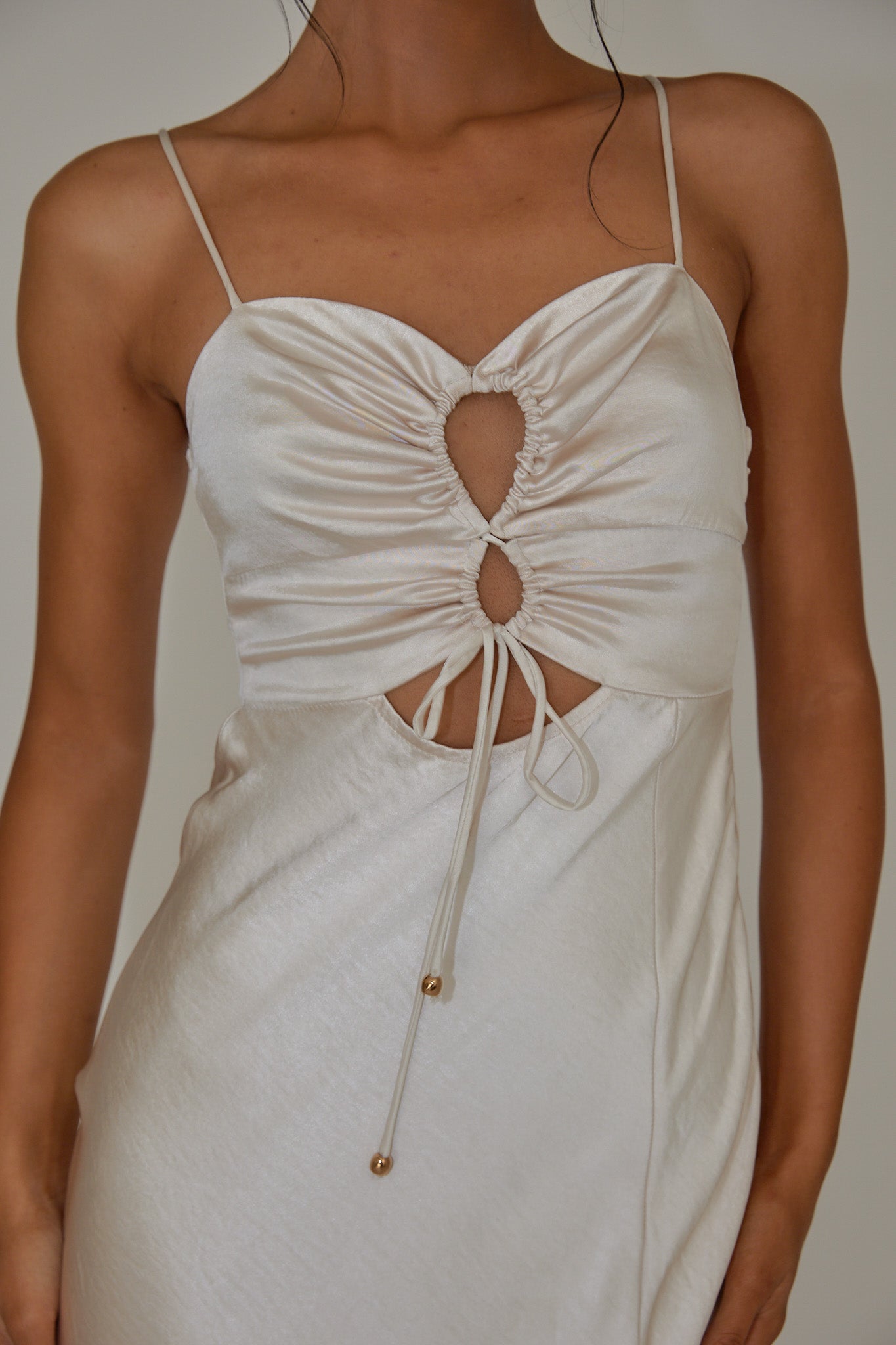 Date Night Drawstring Bust Midi Dress Champagne-Maymioy
