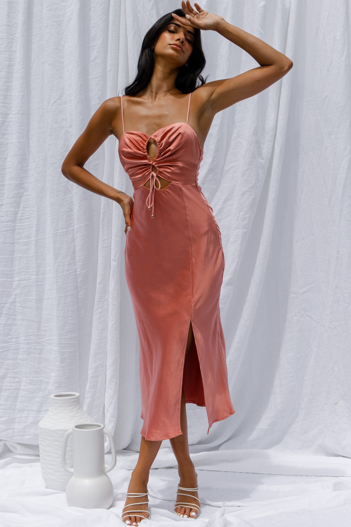 Date Night Drawstring Bust Midi Dress Rose-Maymioy