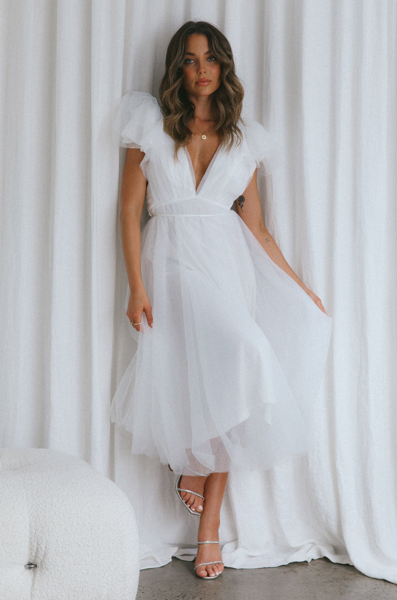 Leap Of Faith Frill Shoulder Tulle Midi Dress White-Maymioy