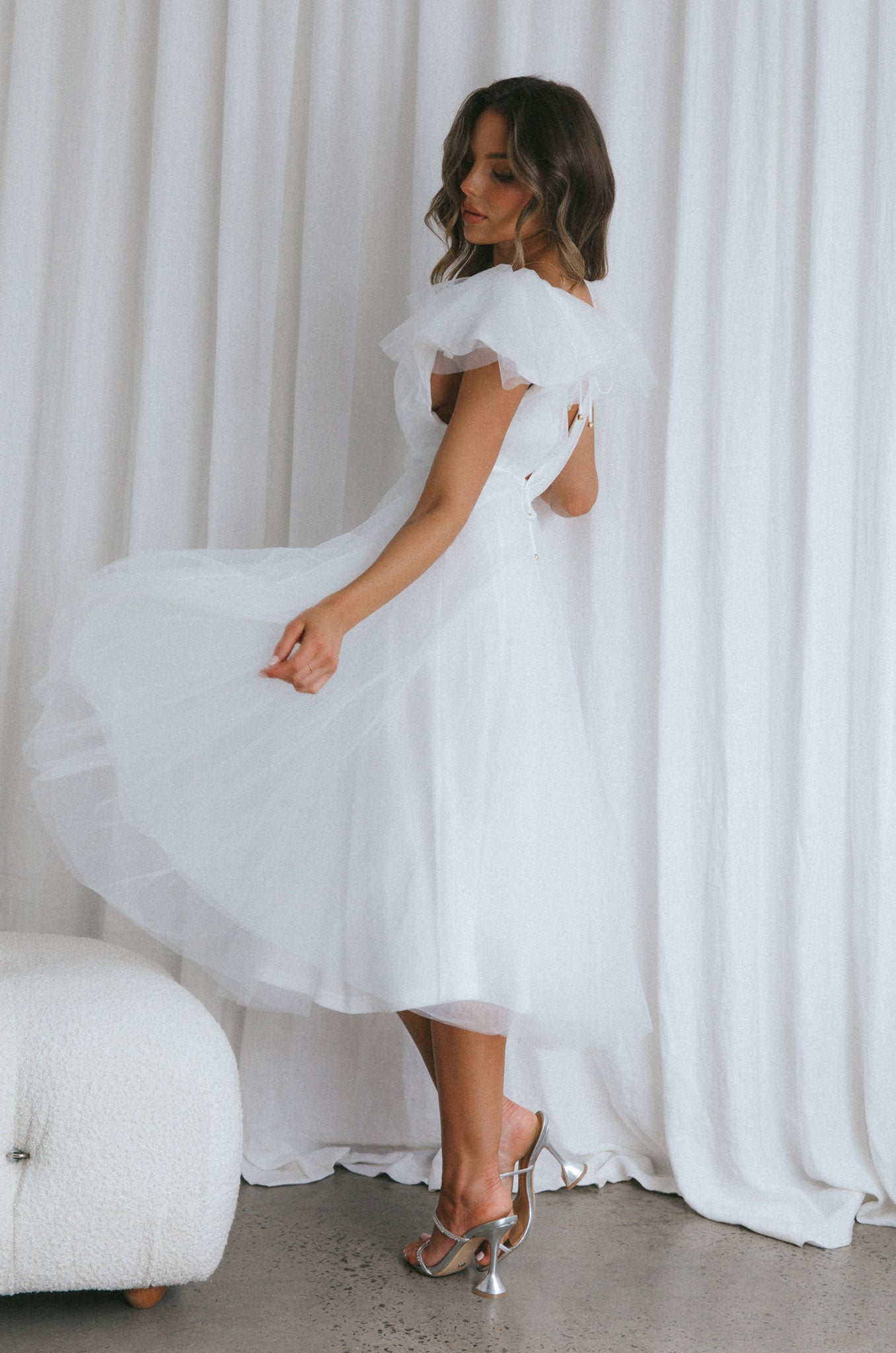 Leap Of Faith Frill Shoulder Tulle Midi Dress White-Maymioy