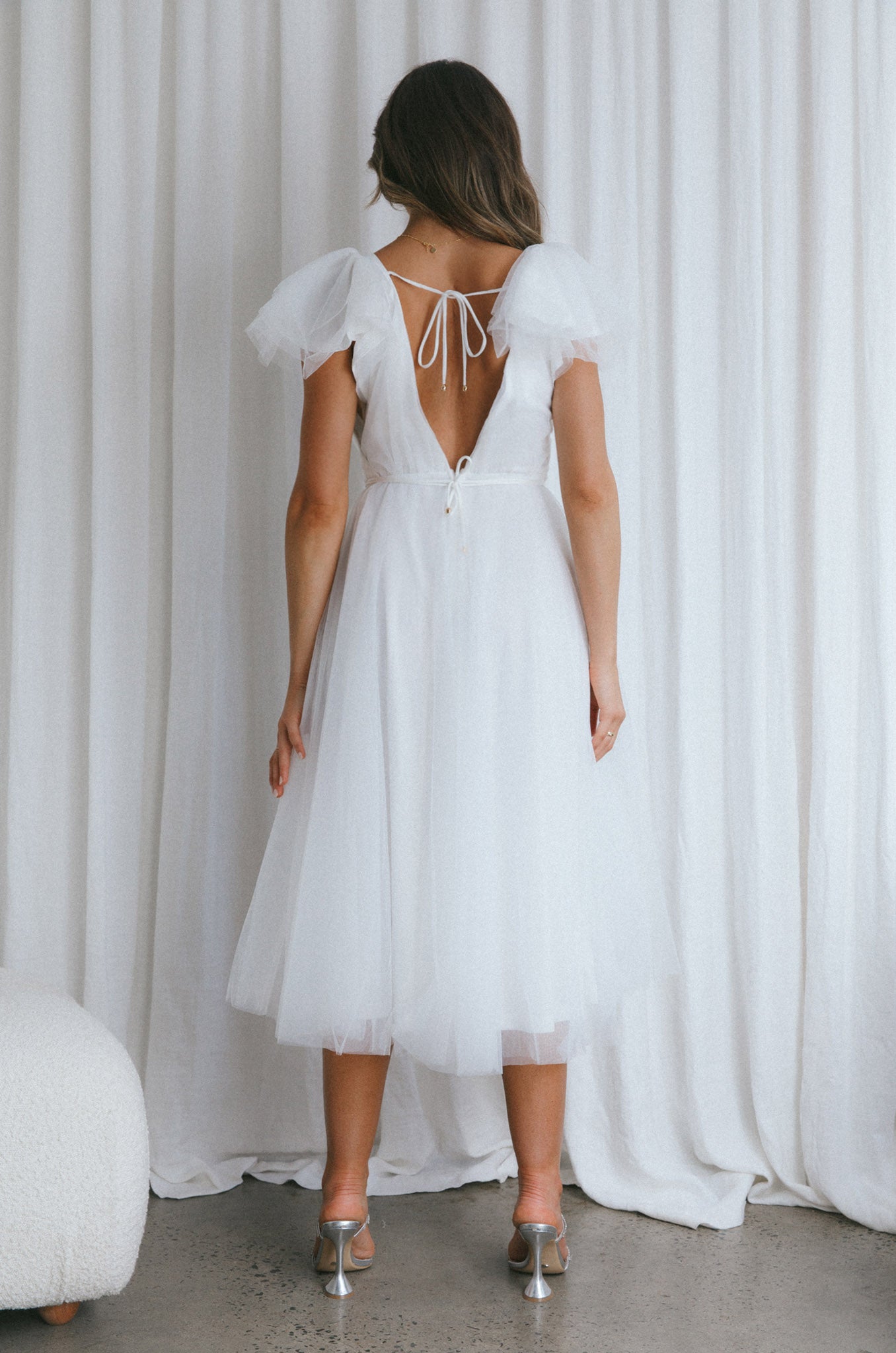 Leap Of Faith Frill Shoulder Tulle Midi Dress White-Maymioy