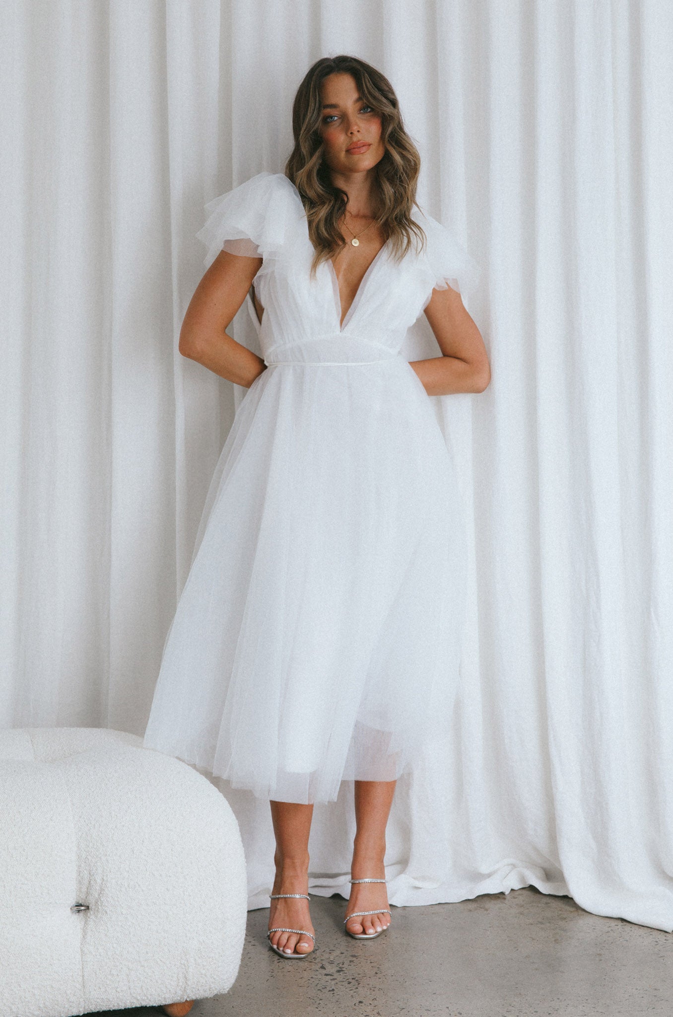 Leap Of Faith Frill Shoulder Tulle Midi Dress White-Maymioy