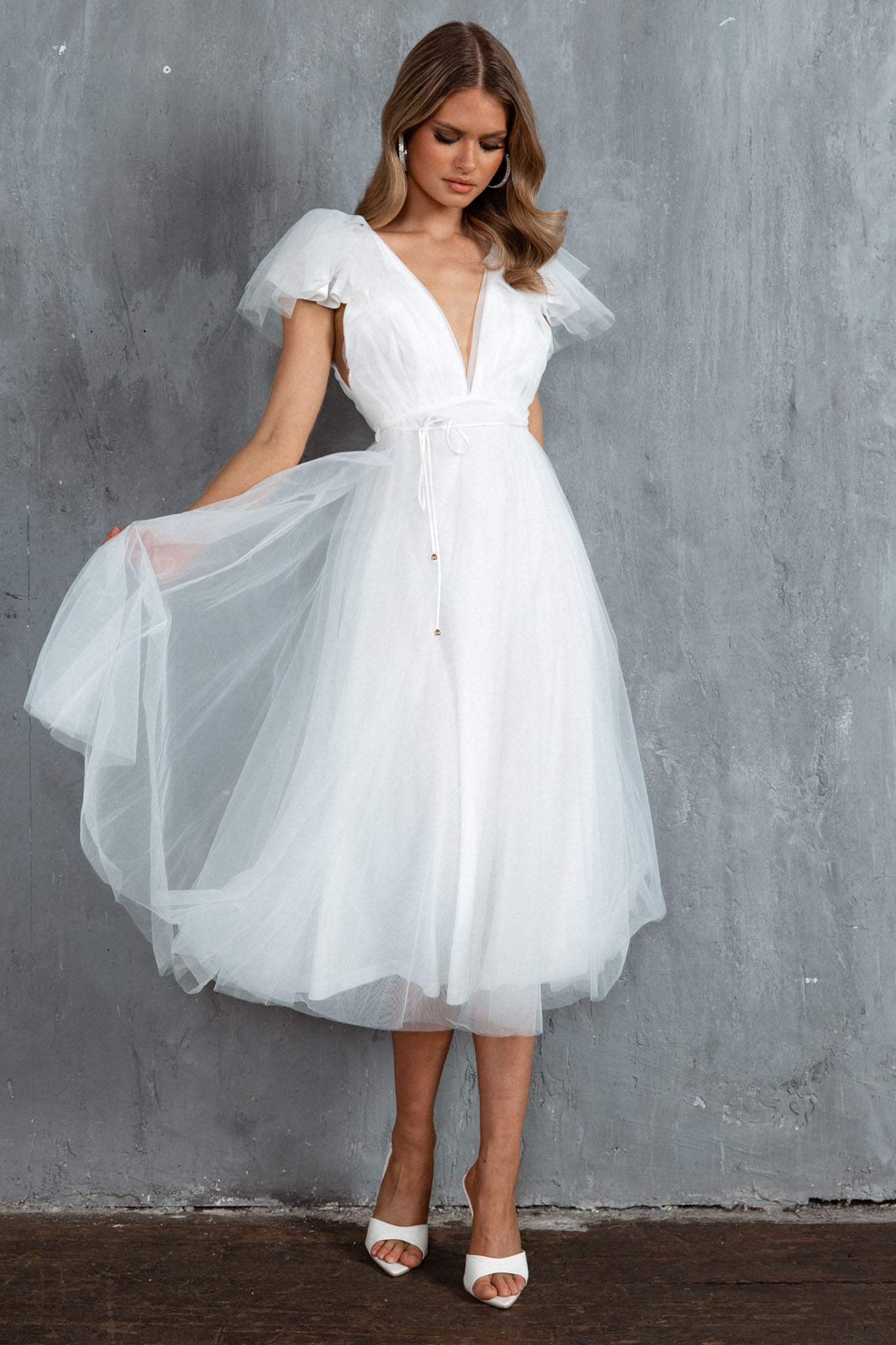Leap Of Faith Frill Shoulder Tulle Midi Dress White-Maymioy