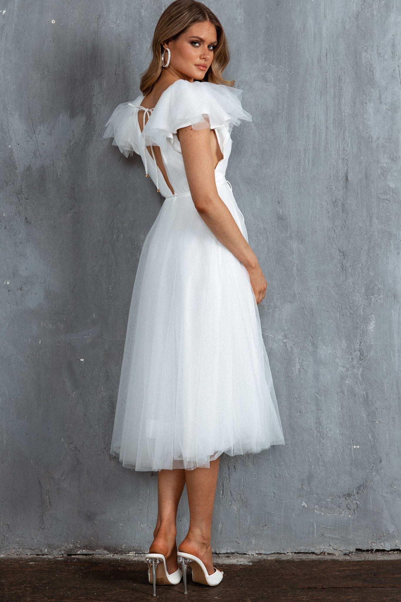 Leap Of Faith Frill Shoulder Tulle Midi Dress White-Maymioy