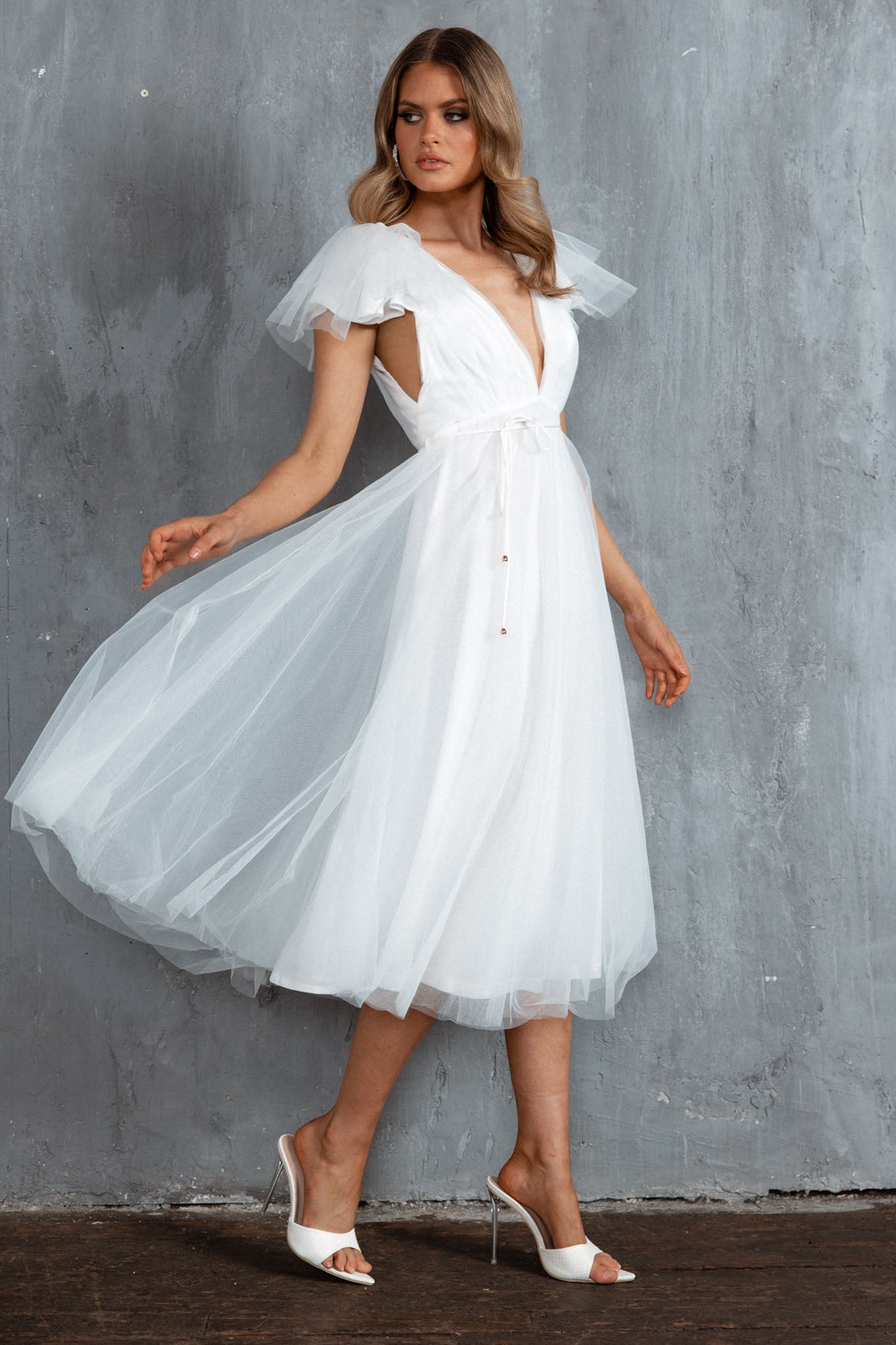 Leap Of Faith Frill Shoulder Tulle Midi Dress White-Maymioy