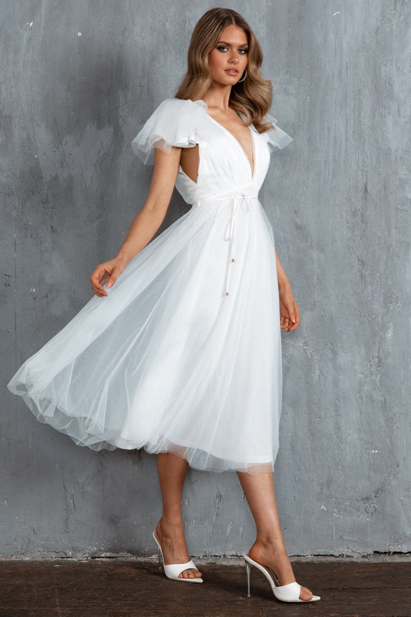 Leap Of Faith Frill Shoulder Tulle Midi Dress White-Maymioy