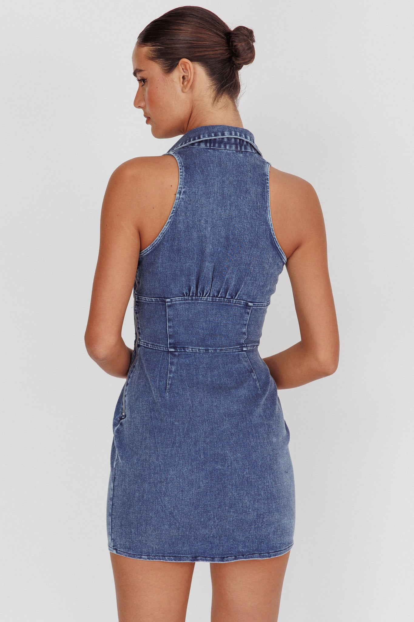 South Beach Faux Button Collared Dress Dark Denim-Maymioy