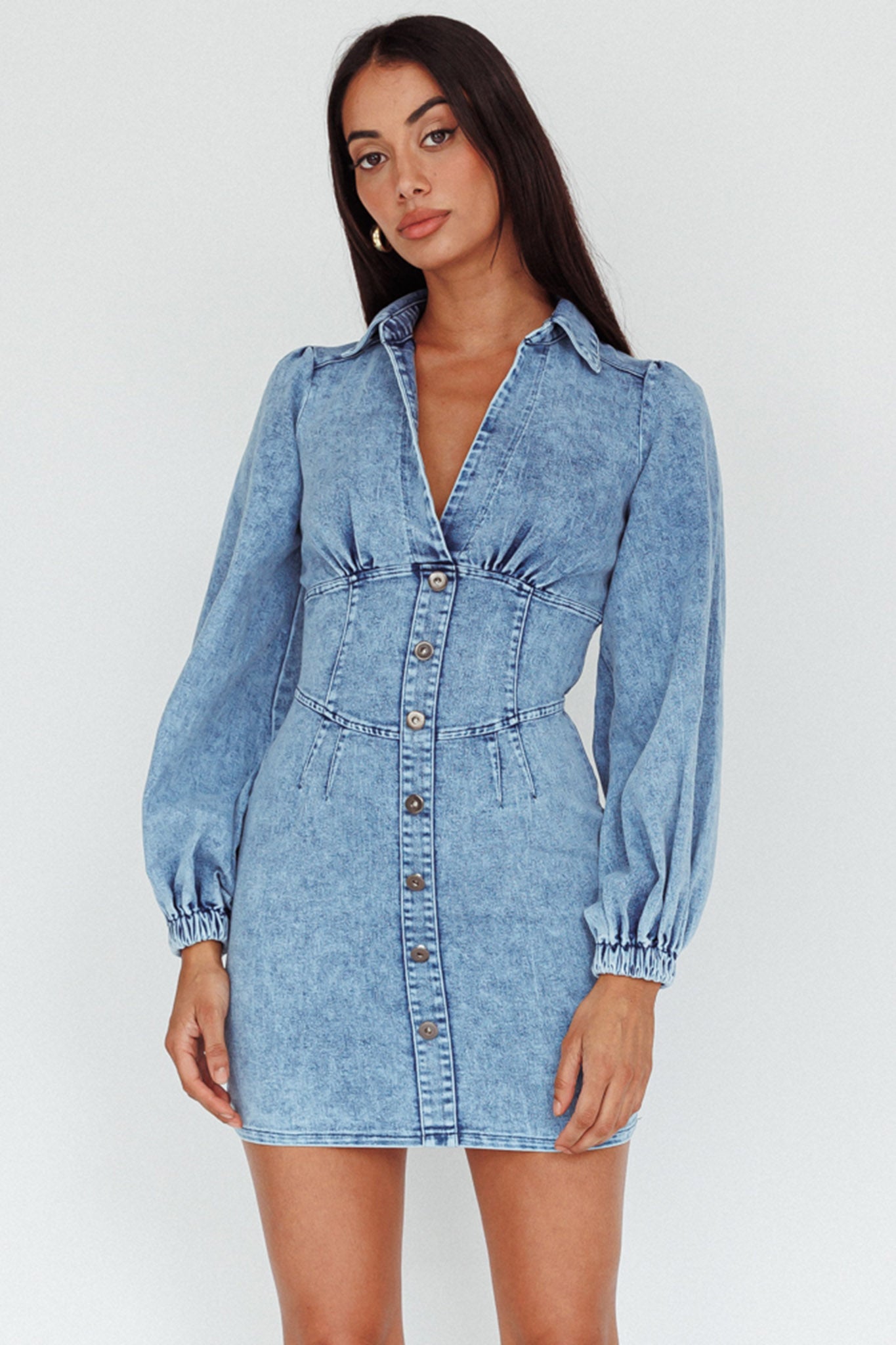 South Beach Long Sleeve Collared Mini Dress Denim-Maymioy