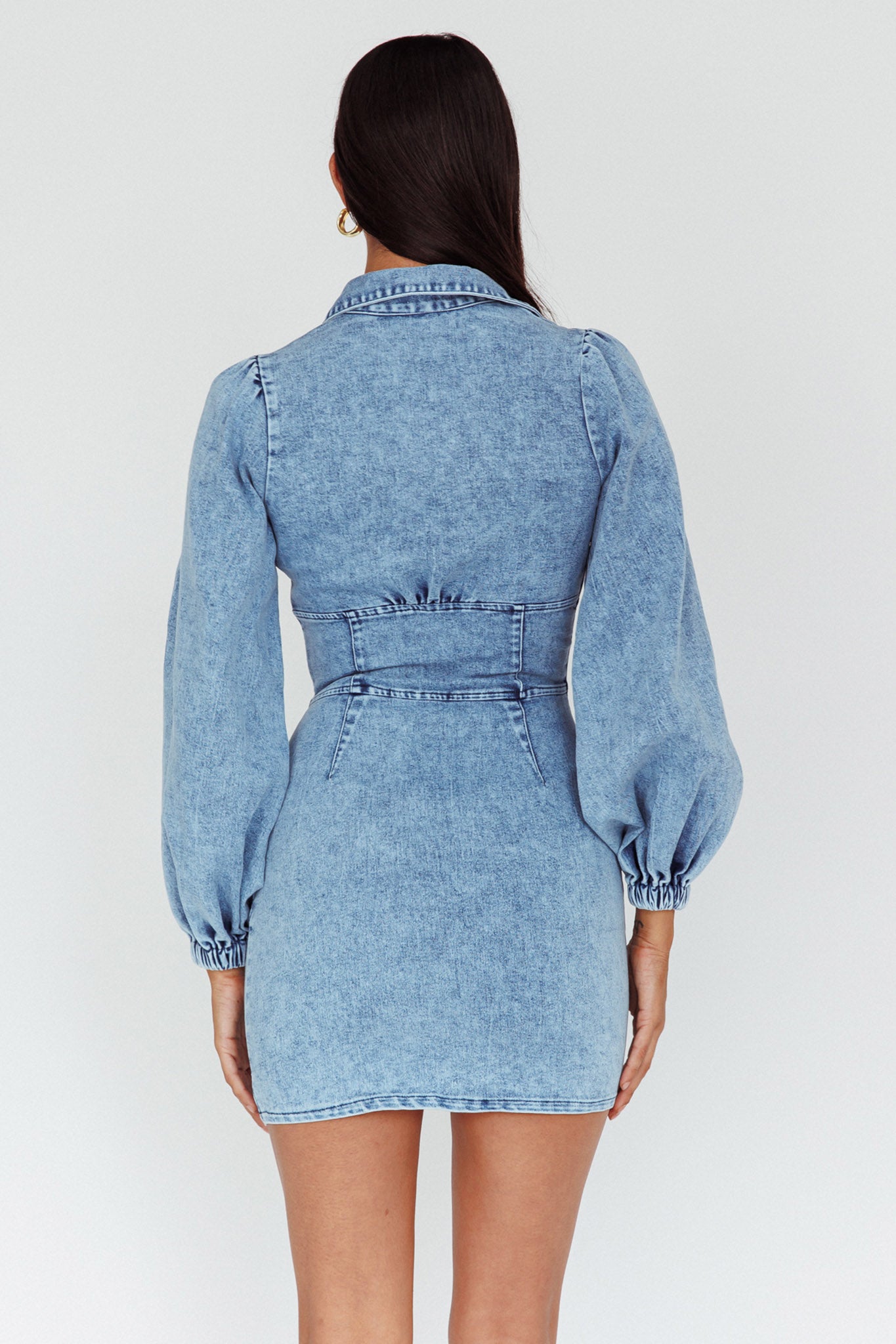 South Beach Long Sleeve Collared Mini Dress Denim-Maymioy