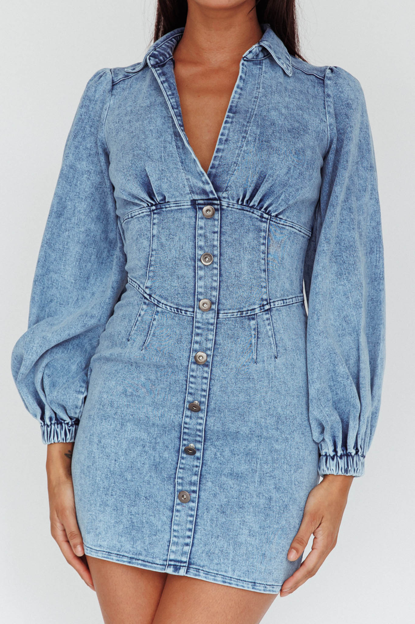 South Beach Long Sleeve Collared Mini Dress Denim-Maymioy