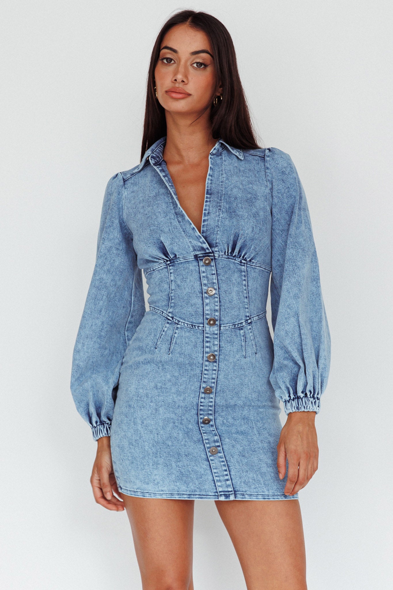 South Beach Long Sleeve Collared Mini Dress Denim-Maymioy