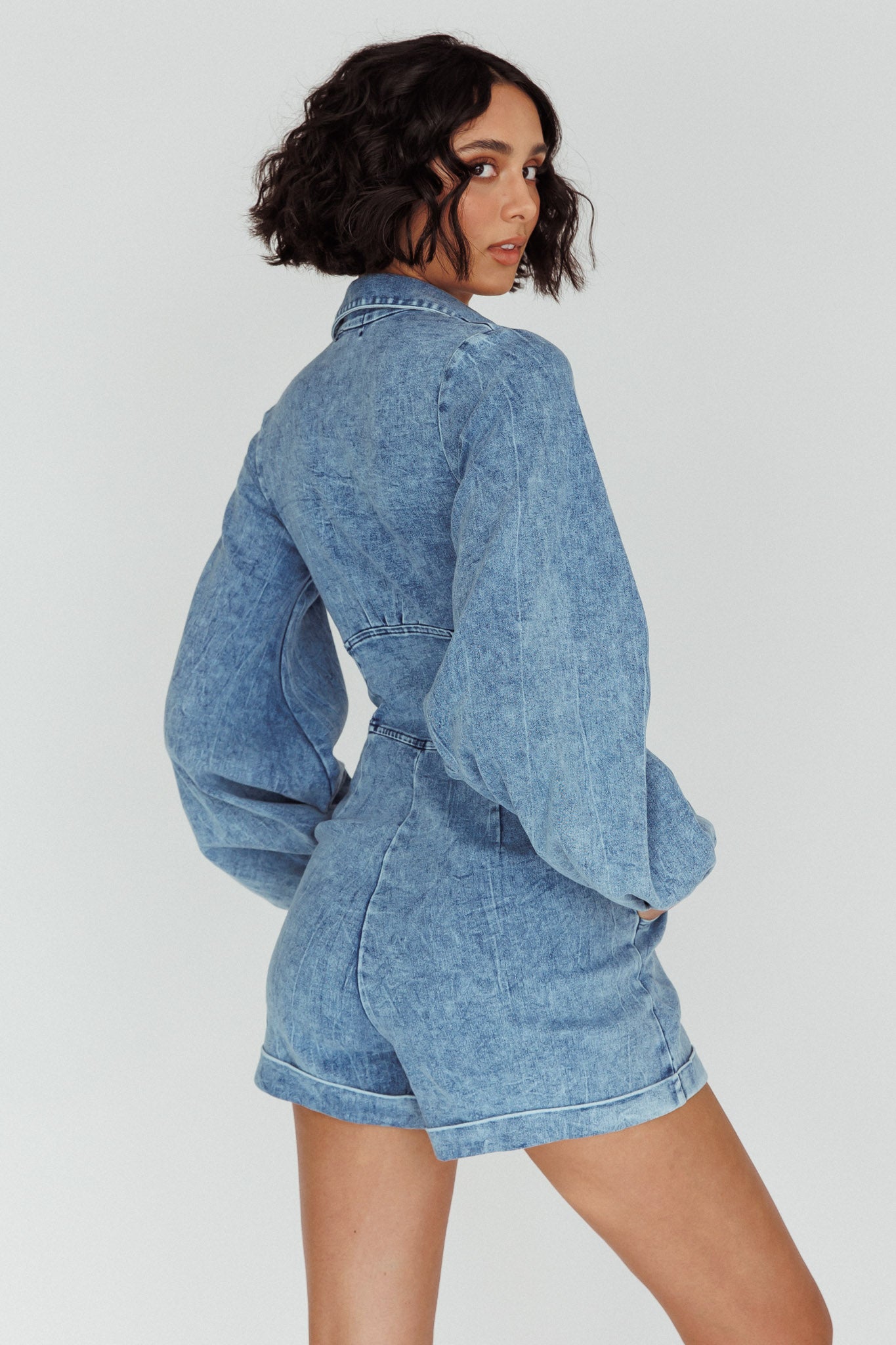 South Beach Long Sleeve Collared Romper Denim-Maymioy
