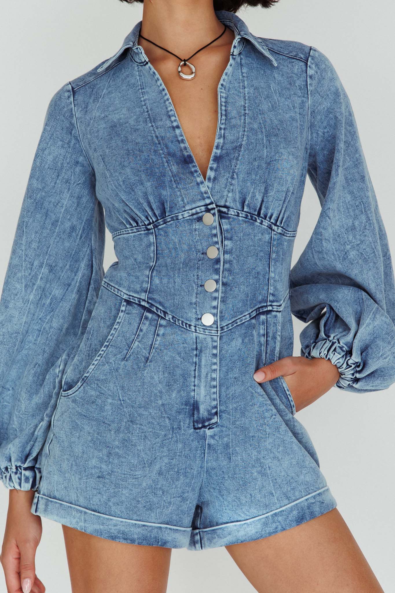 South Beach Long Sleeve Collared Romper Denim-Maymioy