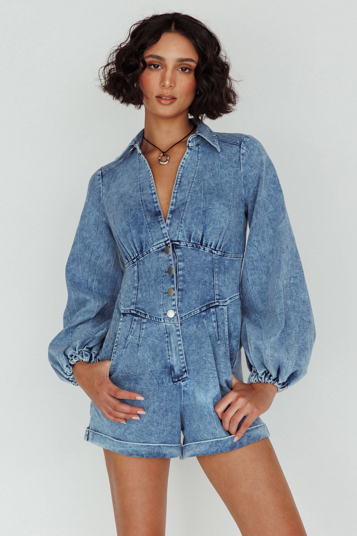 South Beach Long Sleeve Collared Romper Denim-Maymioy