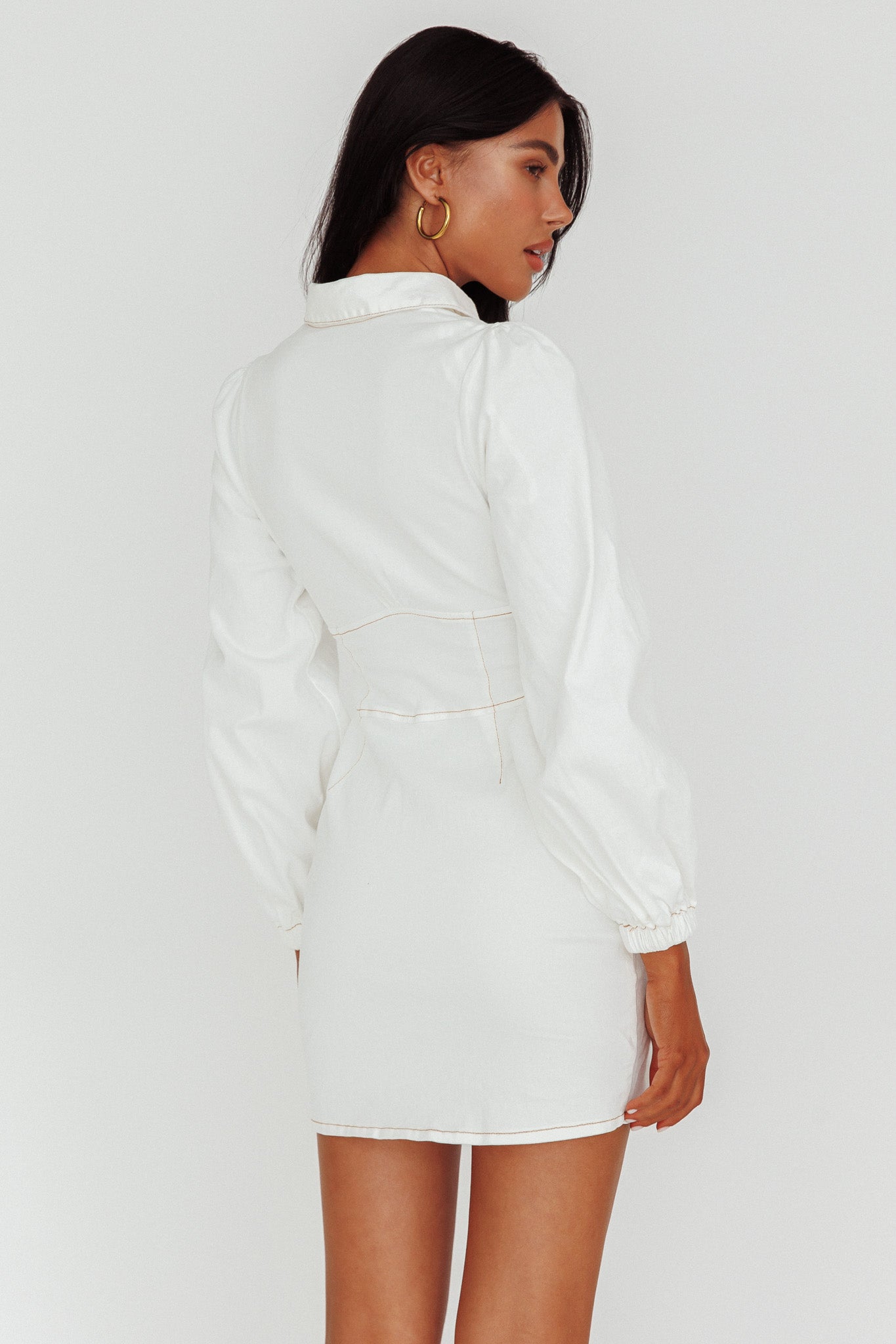 South Beach Long Sleeve Collared Mini Dress White-Maymioy