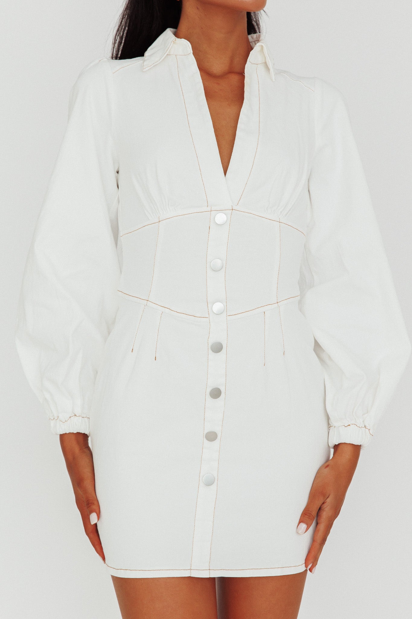 South Beach Long Sleeve Collared Mini Dress White-Maymioy