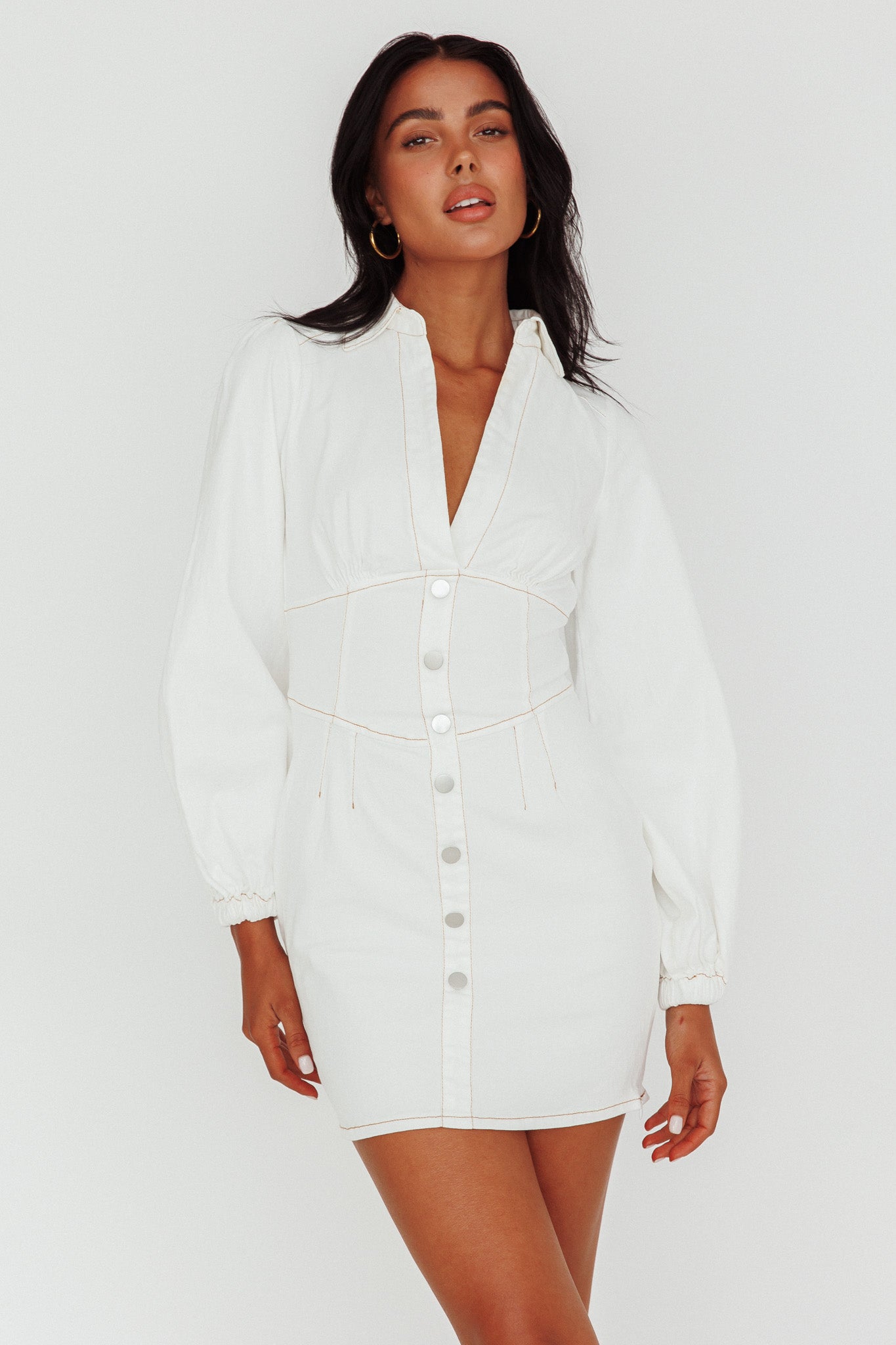 South Beach Long Sleeve Collared Mini Dress White-Maymioy