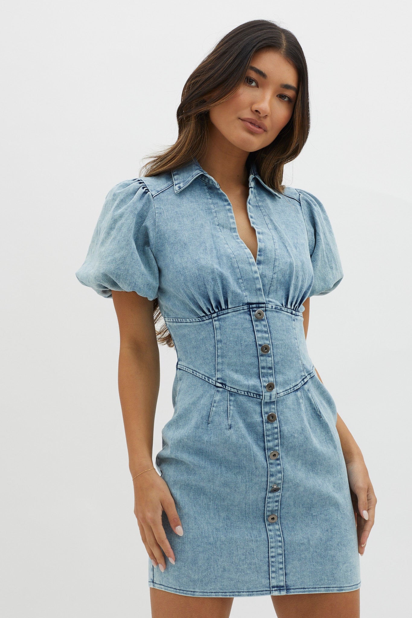 South Beach Puff Sleeve Collared Mini Dress Denim-Maymioy