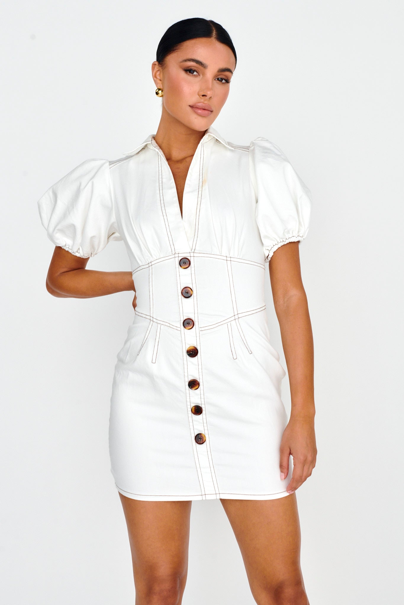 South Beach Puff Sleeve Collared Mini Dress White-Maymioy