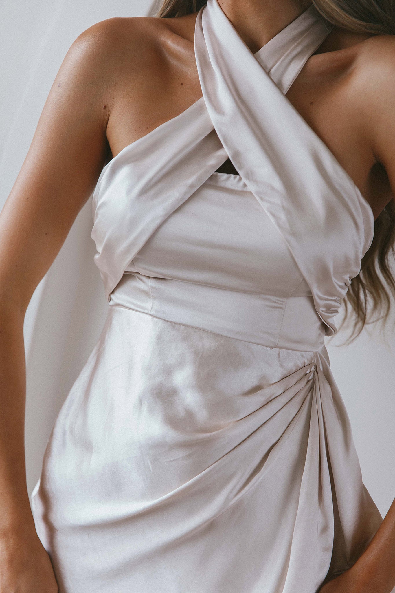 Stars Align Halterneck Satin Dress Champagne-Maymioy