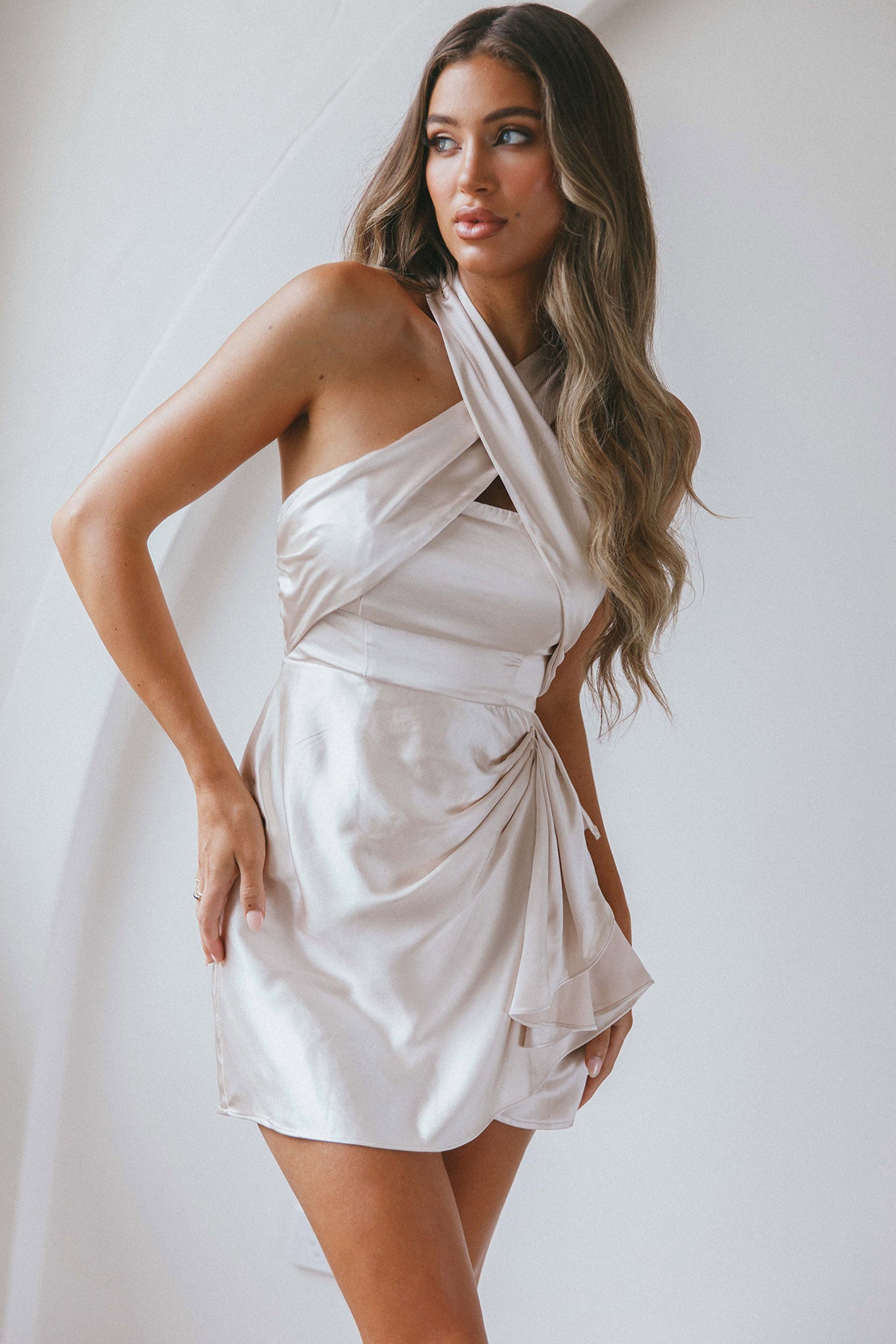 Stars Align Halterneck Satin Dress Champagne-Maymioy