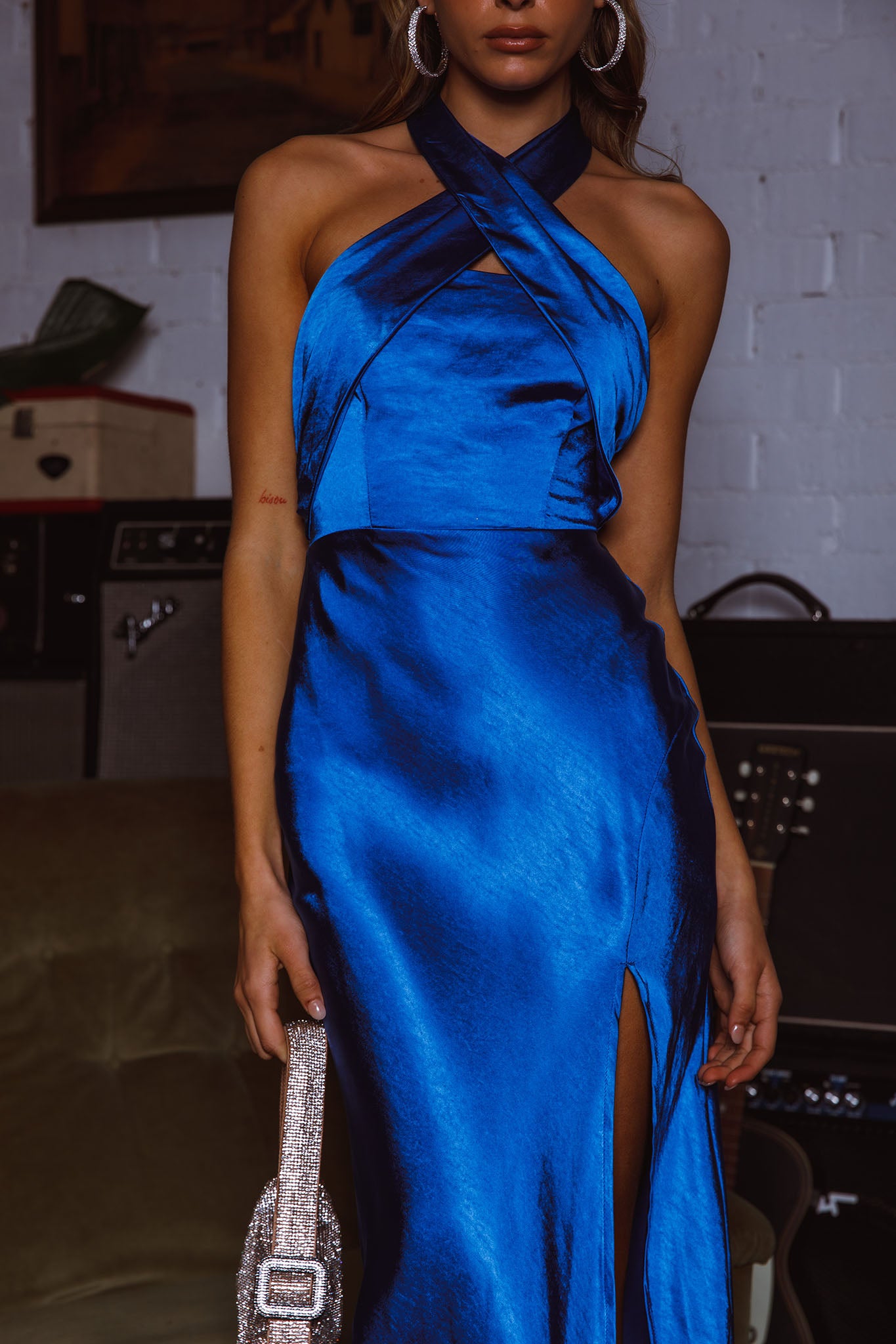 Stars Align Halterneck Satin Midi Dress Cobalt Blue-Maymioy
