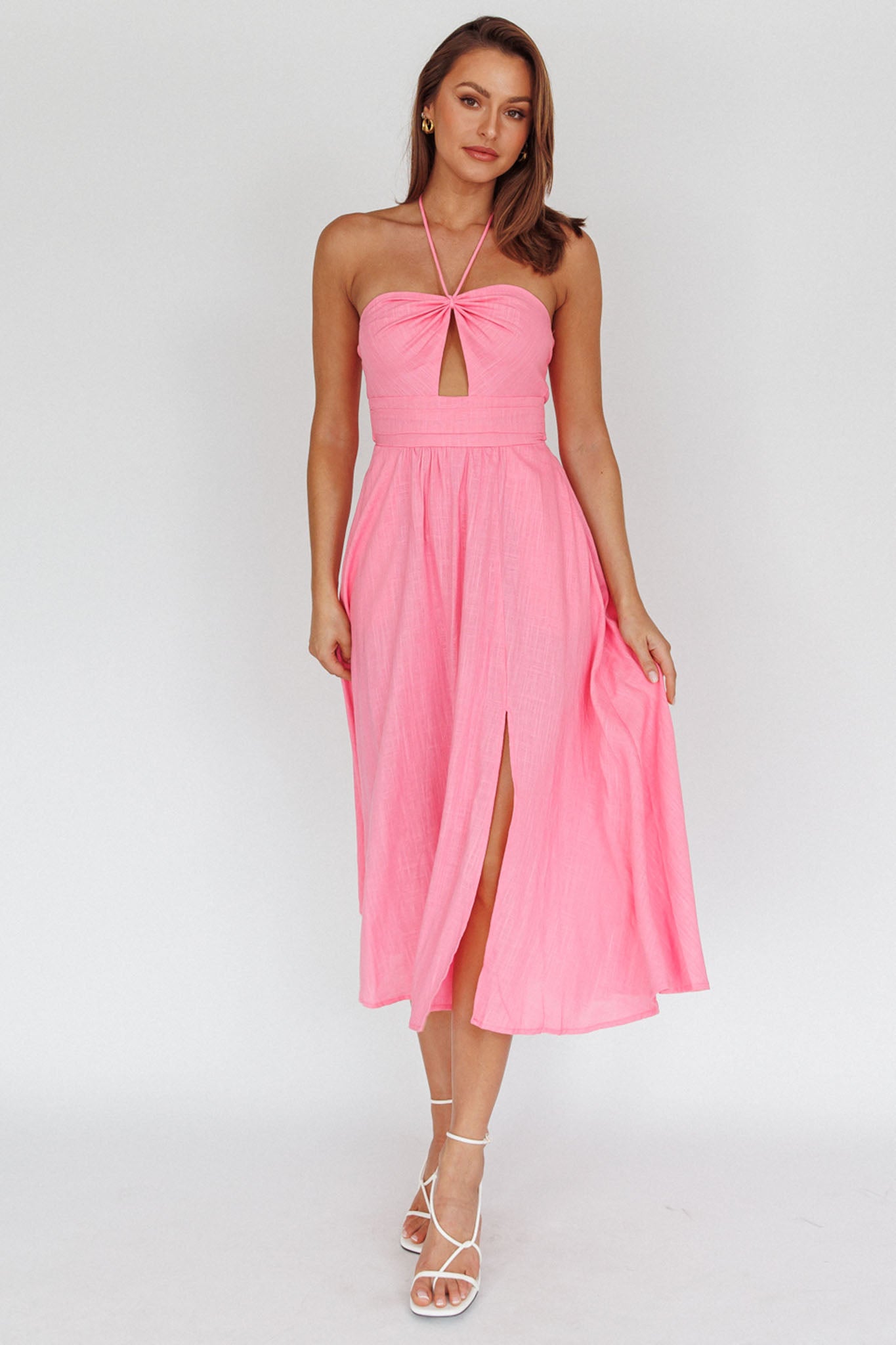 Maravilhosa Keyhole Halter Midi Dress Pink-Maymioy