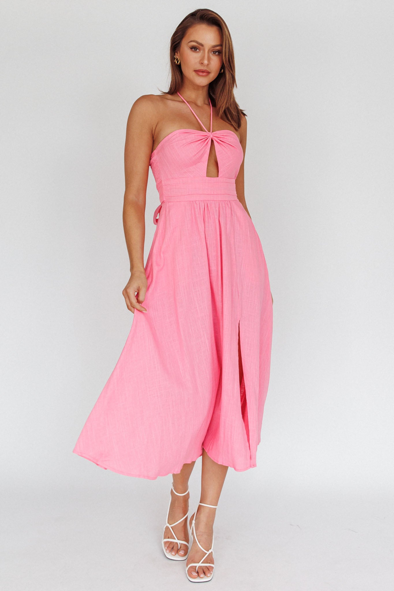 Maravilhosa Keyhole Halter Midi Dress Pink-Maymioy