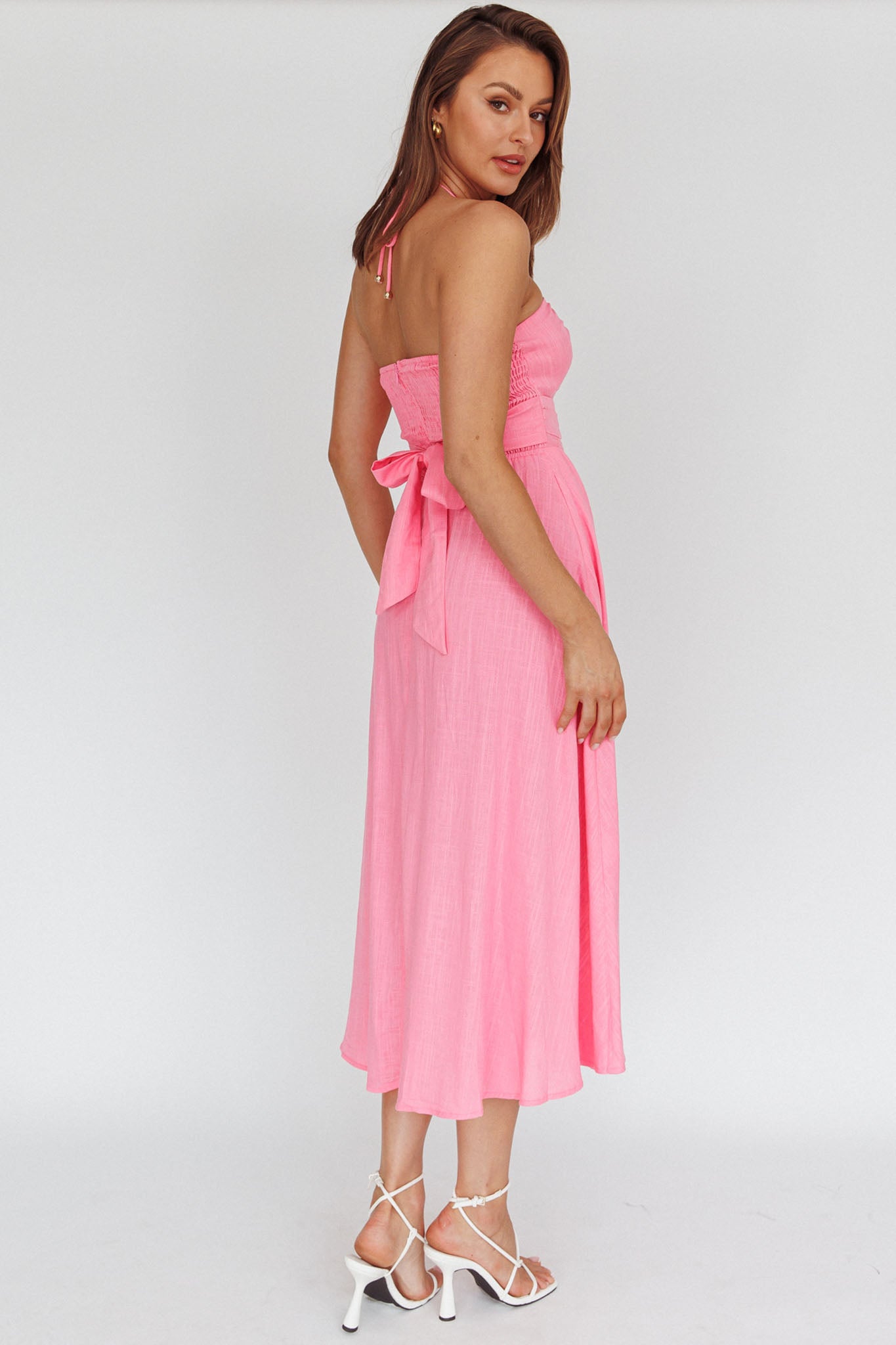 Maravilhosa Keyhole Halter Midi Dress Pink-Maymioy