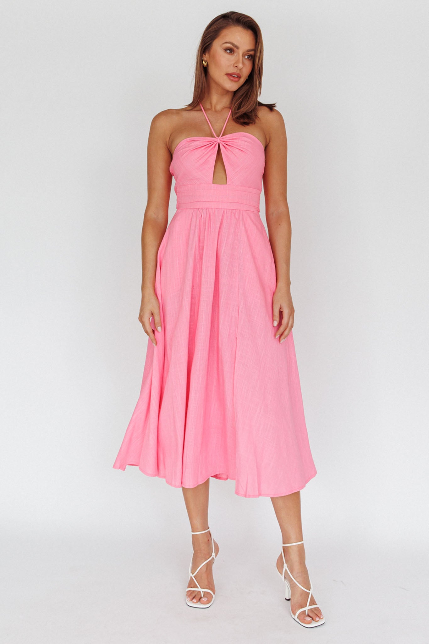 Maravilhosa Keyhole Halter Midi Dress Pink-Maymioy