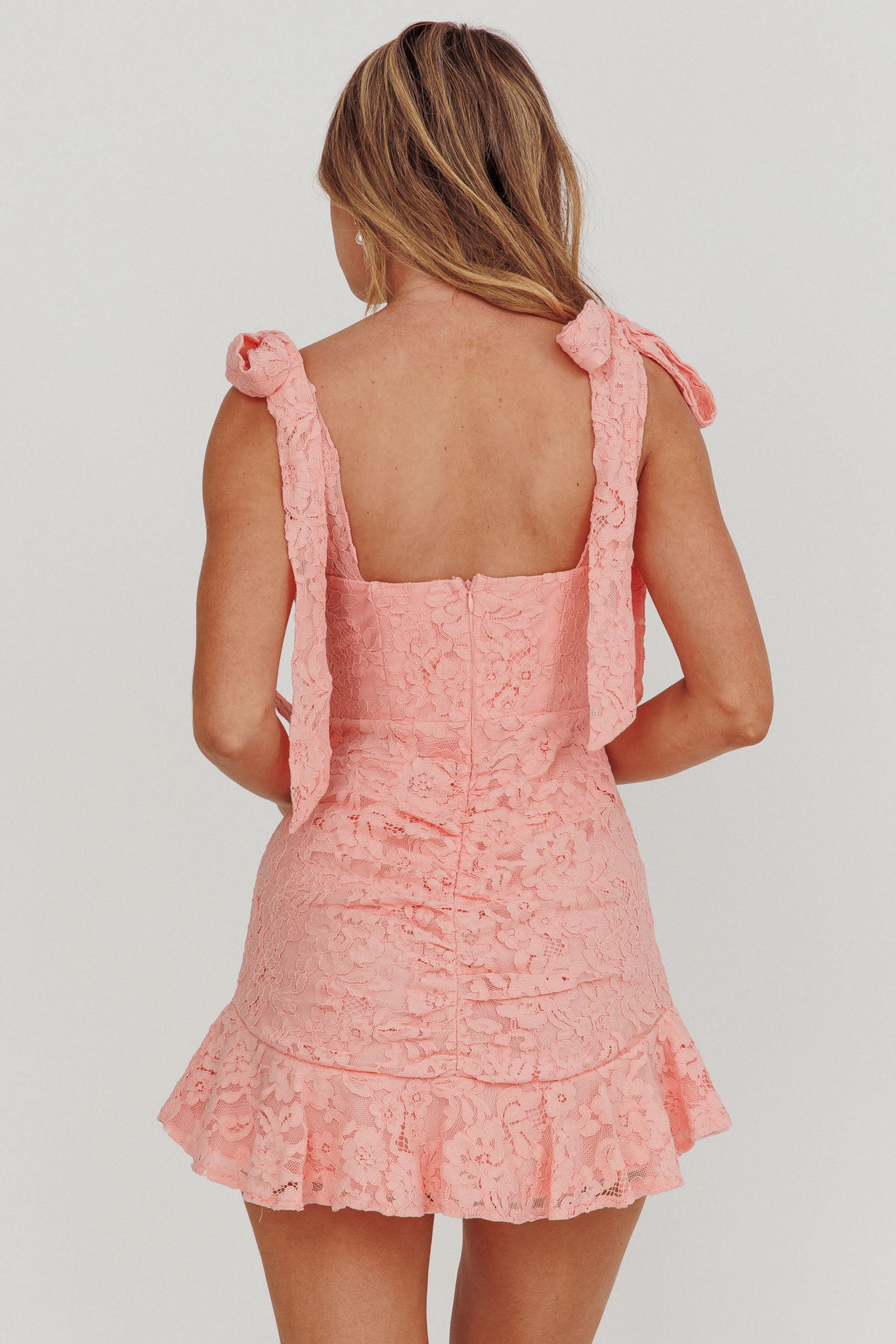Neriah Tied Shoulder Lace Mini Dress Blush-Maymioy