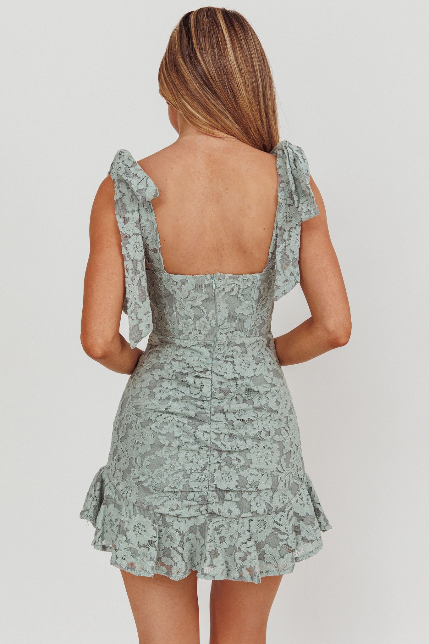 Neriah Tied Shoulder Lace Mini Dress Sage-Maymioy