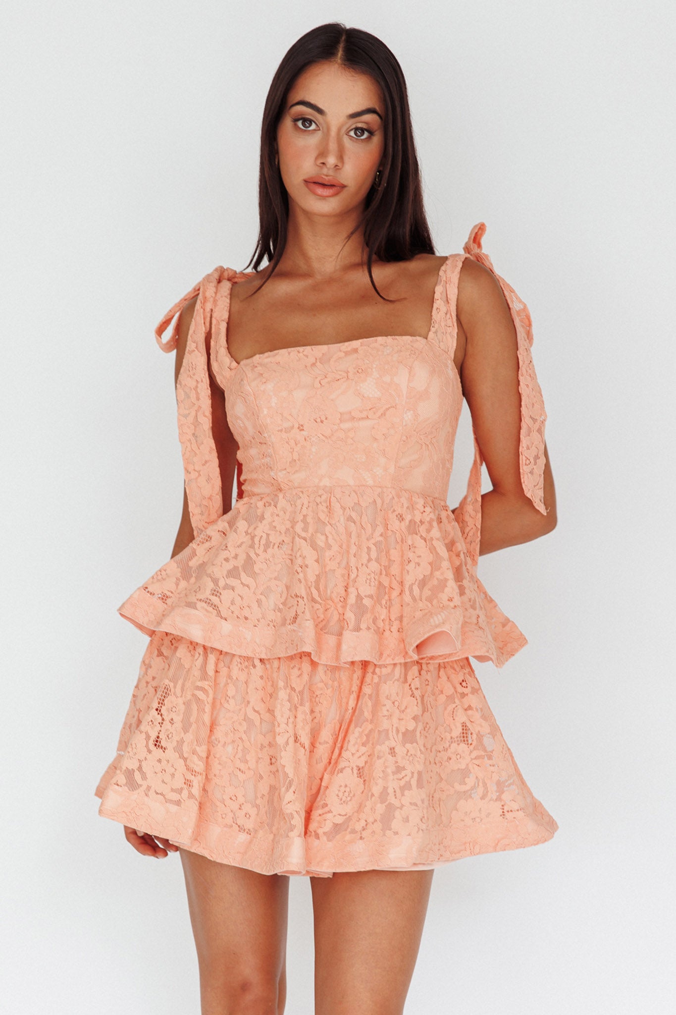 Neriah Tied Shoulder Tiered Lace Mini Dress Orange-Maymioy