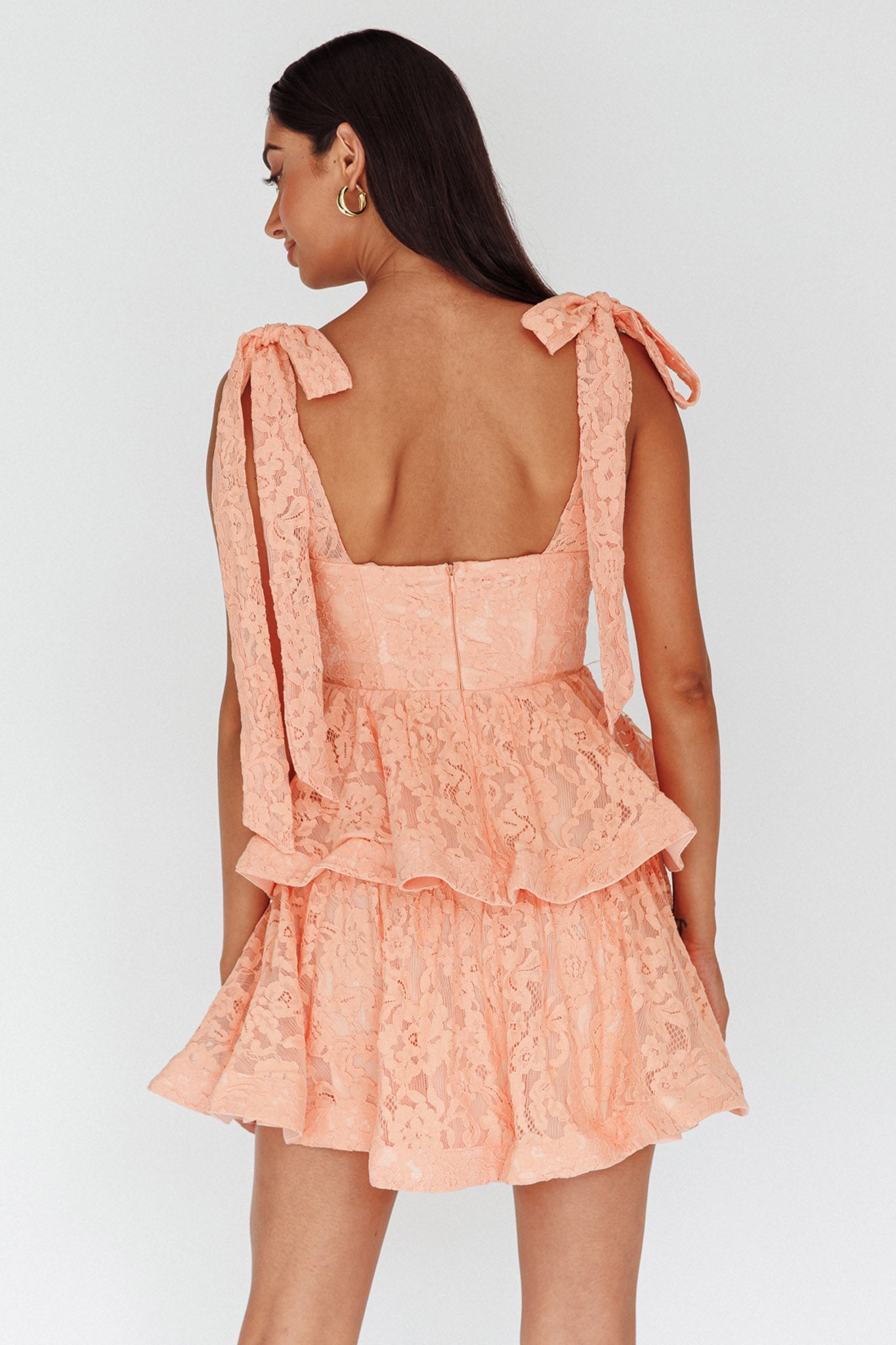 Neriah Tied Shoulder Tiered Lace Mini Dress Orange-Maymioy