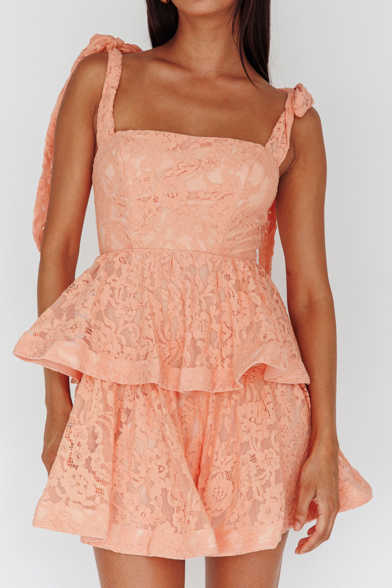 Neriah Tied Shoulder Tiered Lace Mini Dress Orange-Maymioy