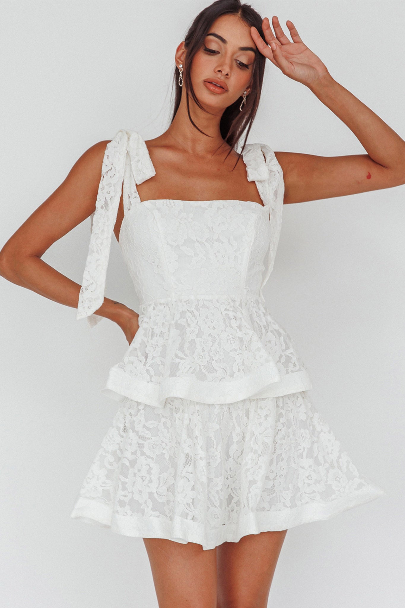 Neriah Tied Shoulder Tiered Lace Mini Dress White-Maymioy