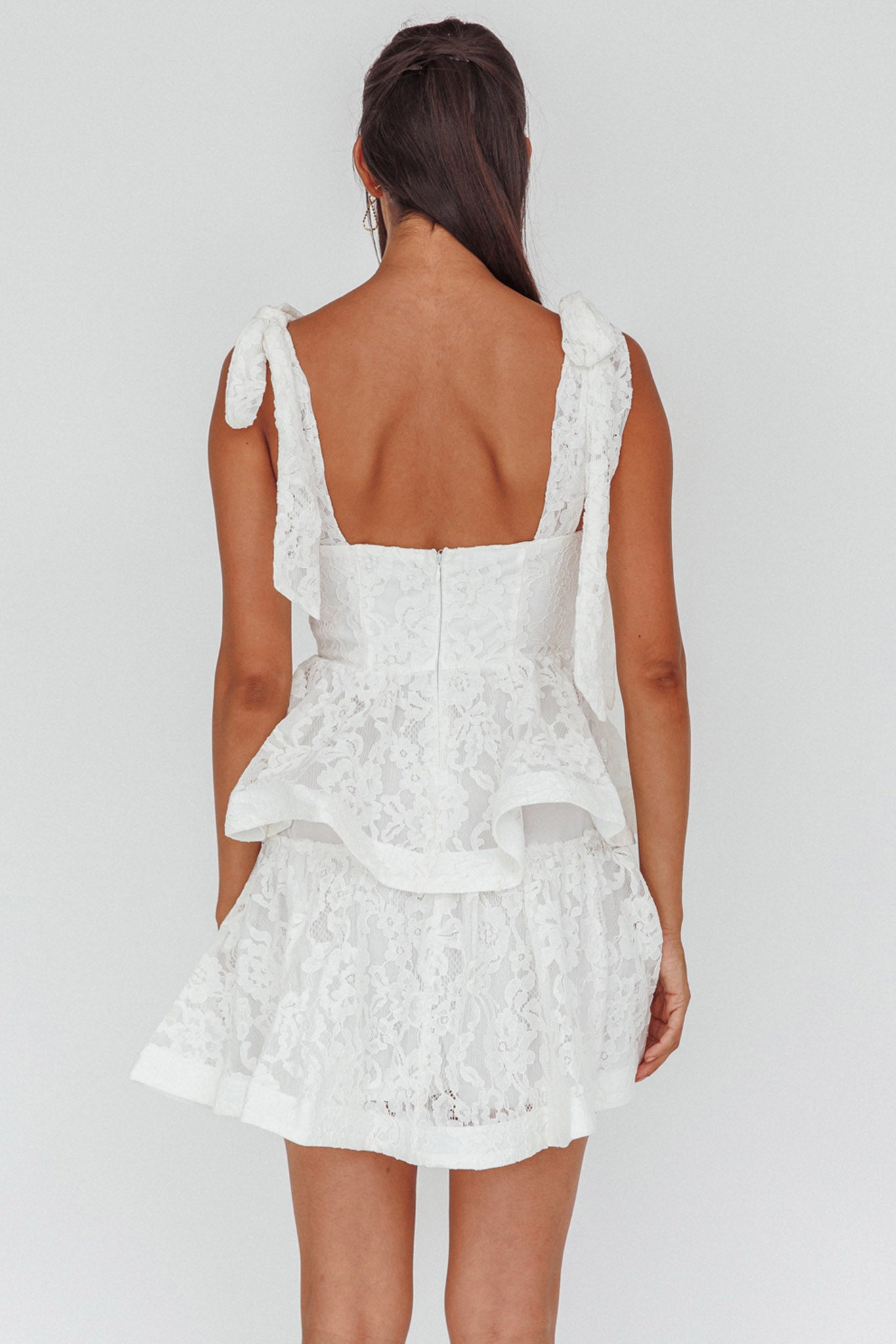 Neriah Tied Shoulder Tiered Lace Mini Dress White-Maymioy