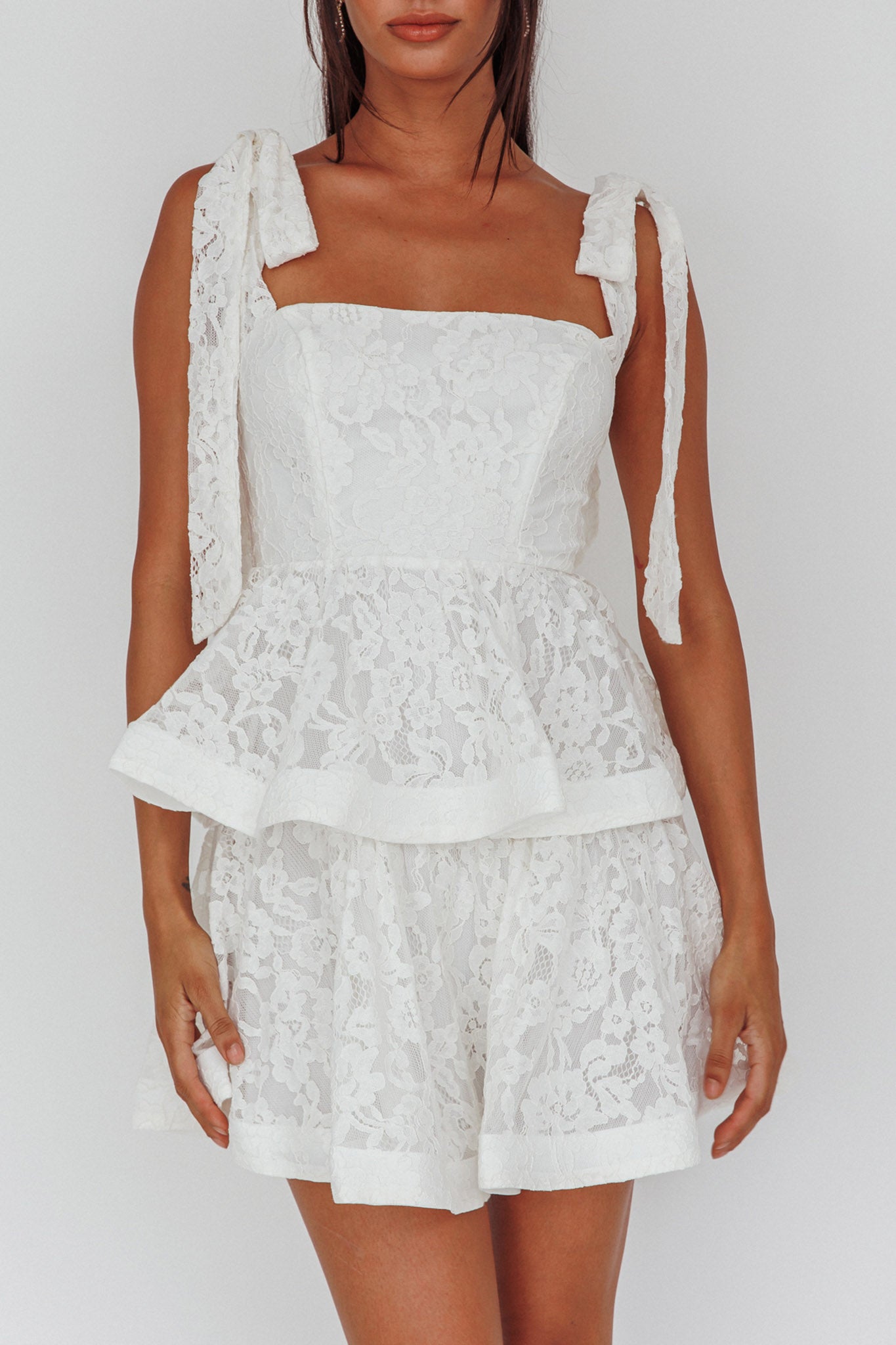 Neriah Tied Shoulder Tiered Lace Mini Dress White-Maymioy