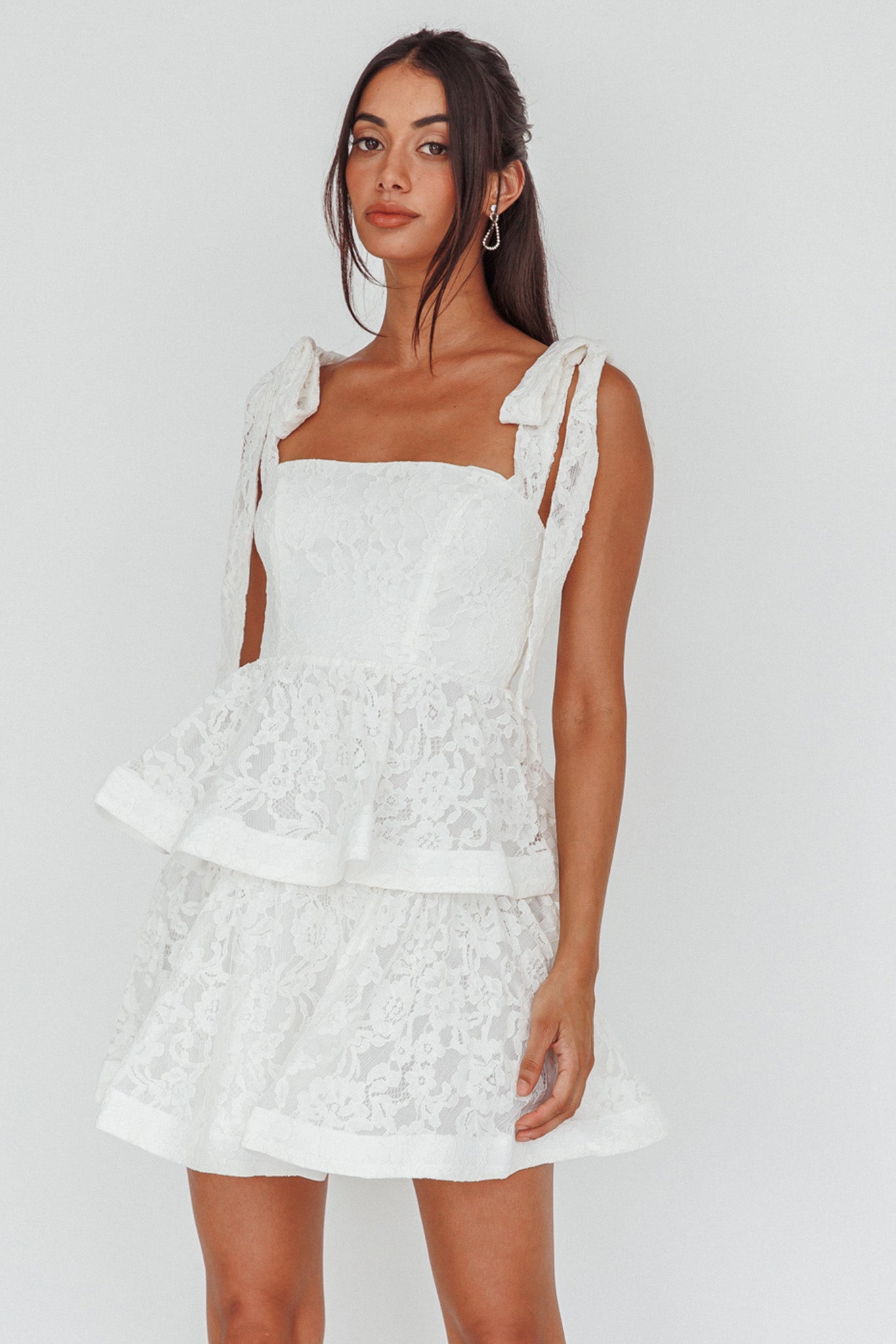 Neriah Tied Shoulder Tiered Lace Mini Dress White-Maymioy