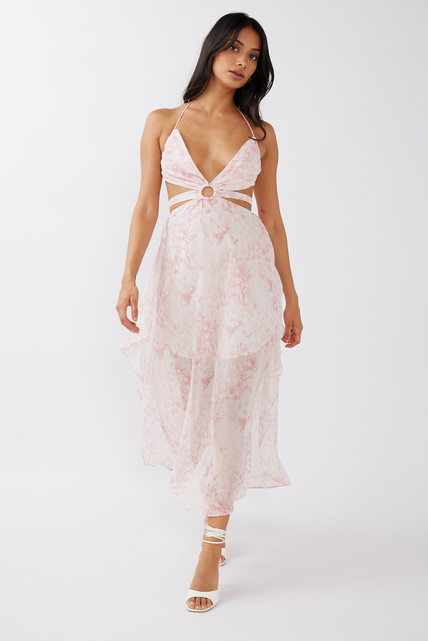 Samia Cut-Out Halterneck Midi Dress Print Blush-Maymioy